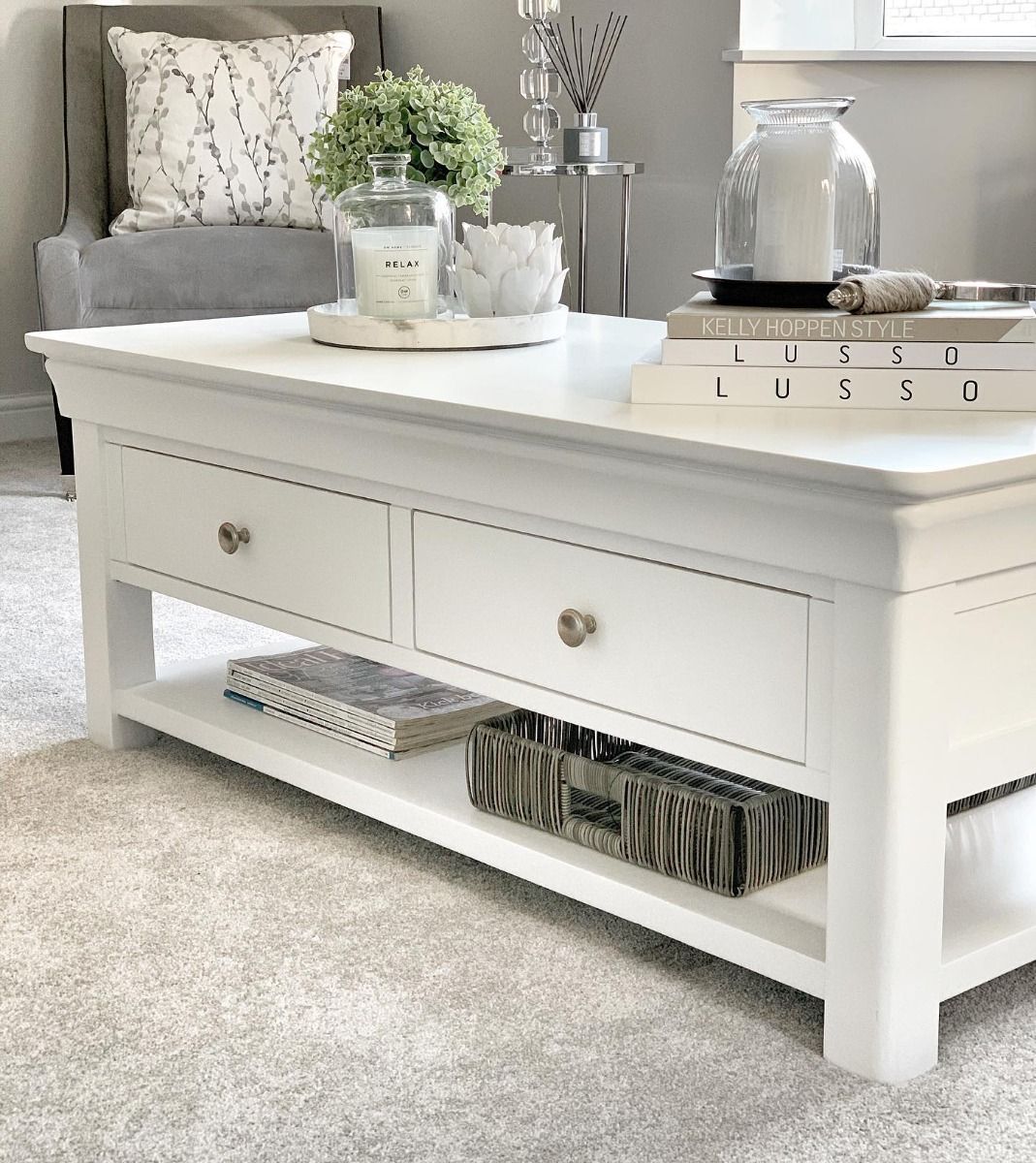 Toulouse White Painted Large Assembled Coffee Table 4 Drawers with Shelf - 20% Off Discount Code FLASH
