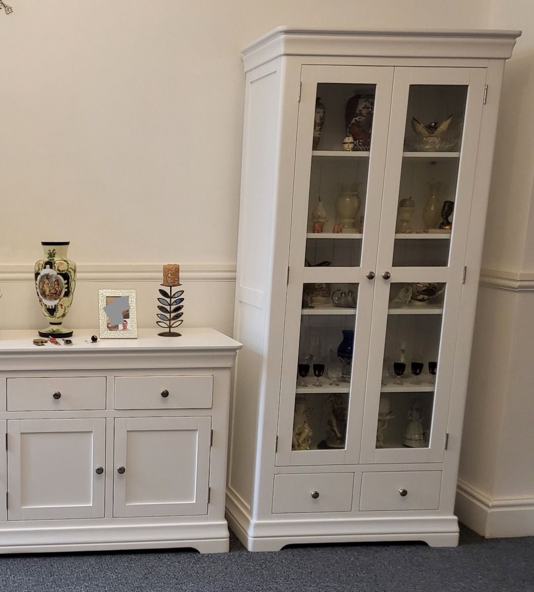 Toulouse White Painted Tall Glass Assembled Display Cabinet with Drawers - £50 OFF FLASH SALE Toulouse White Painted Tall Glass Assembled Display Cabinet with Drawers - £50 OFF FLASH SALE