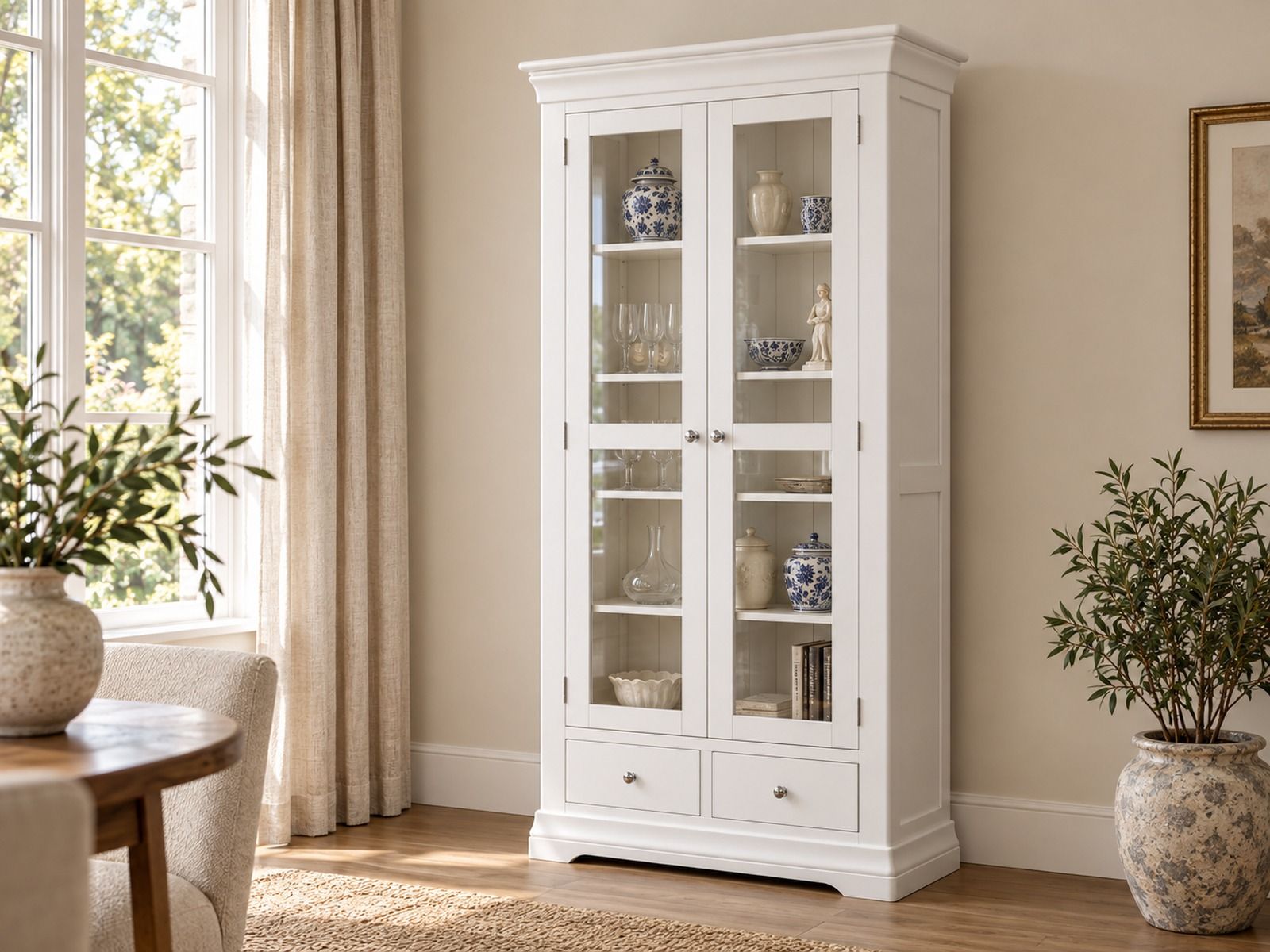 Toulouse White Painted Tall Glass Display Cabinet with Drawers - £50 Off Autumn Sale Toulouse White Painted Tall Glass Display Cabinet with Drawers - £50 Off Autumn Sale
