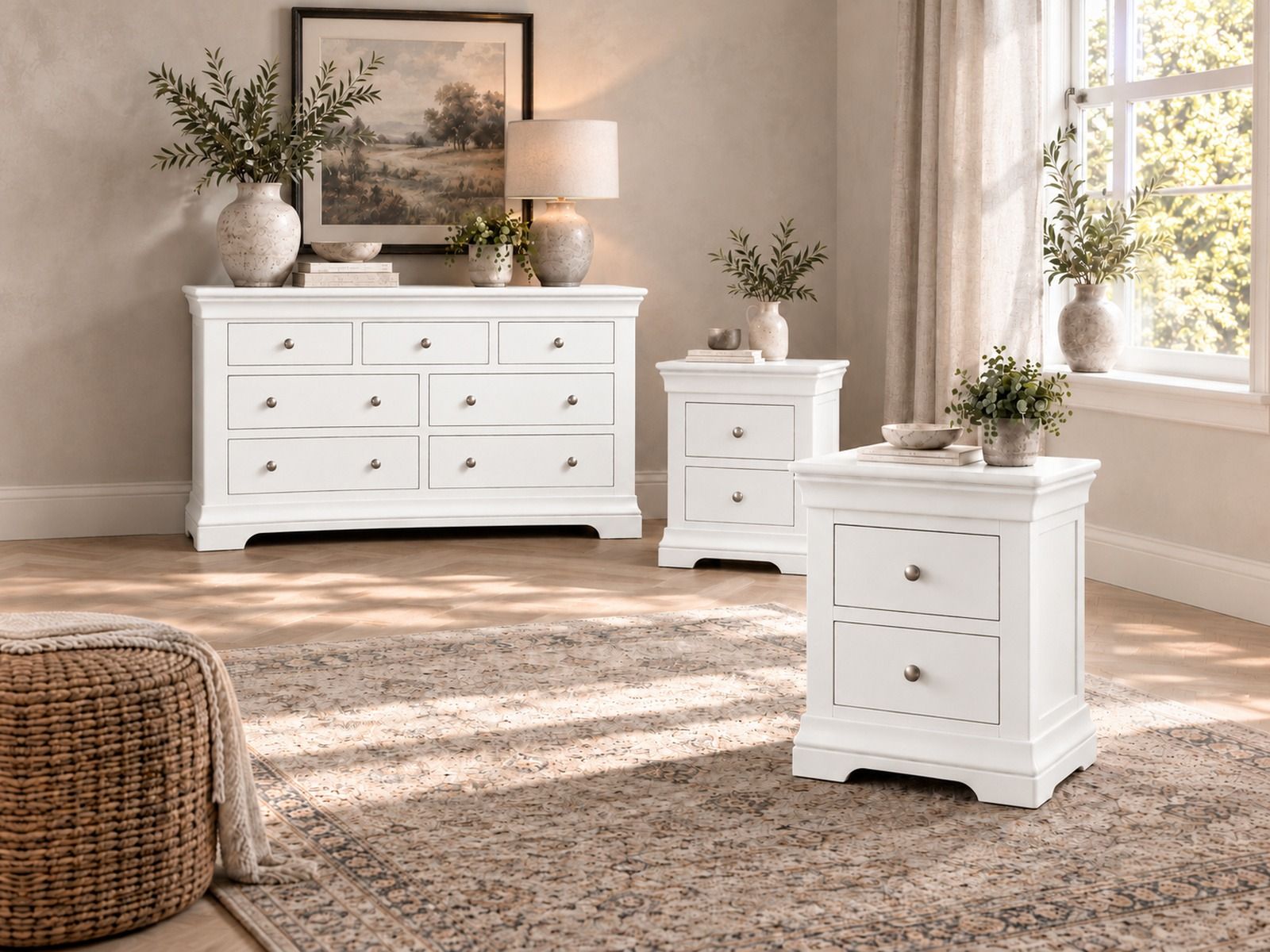 Toulouse White Painted 3 Piece Bedroom Furniture Set - Large Chest & 2 Bedside Tables - 20% Off Discount Code FLASH Toulouse White Painted 3 Piece Bedroom Furniture Set - Large Chest & 2 Bedside Tables - 20% Off Discount Code FLASH