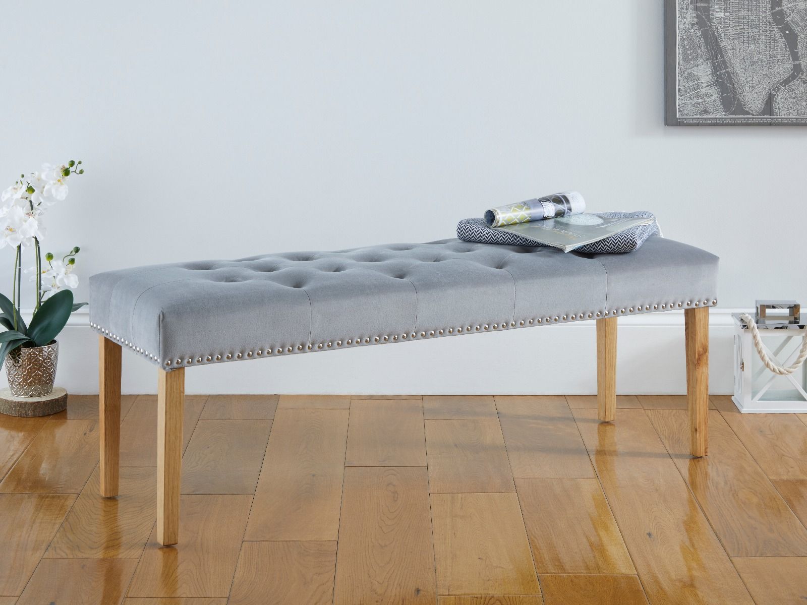 Highgrove Grey Velvet Fabric Studded Medium Oak Dining Bench - REDUCED TO CLEAR Highgrove Grey Velvet Fabric Studded Medium Oak Dining Bench - REDUCED TO CLEAR