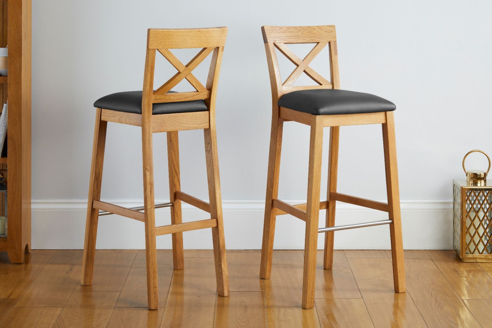 Java Cross Tall Oak Kitchen Stool in Black Leather - £20 OFF FLASH SALE Java Cross Tall Oak Kitchen Stool in Black Leather - £20 OFF FLASH SALE
