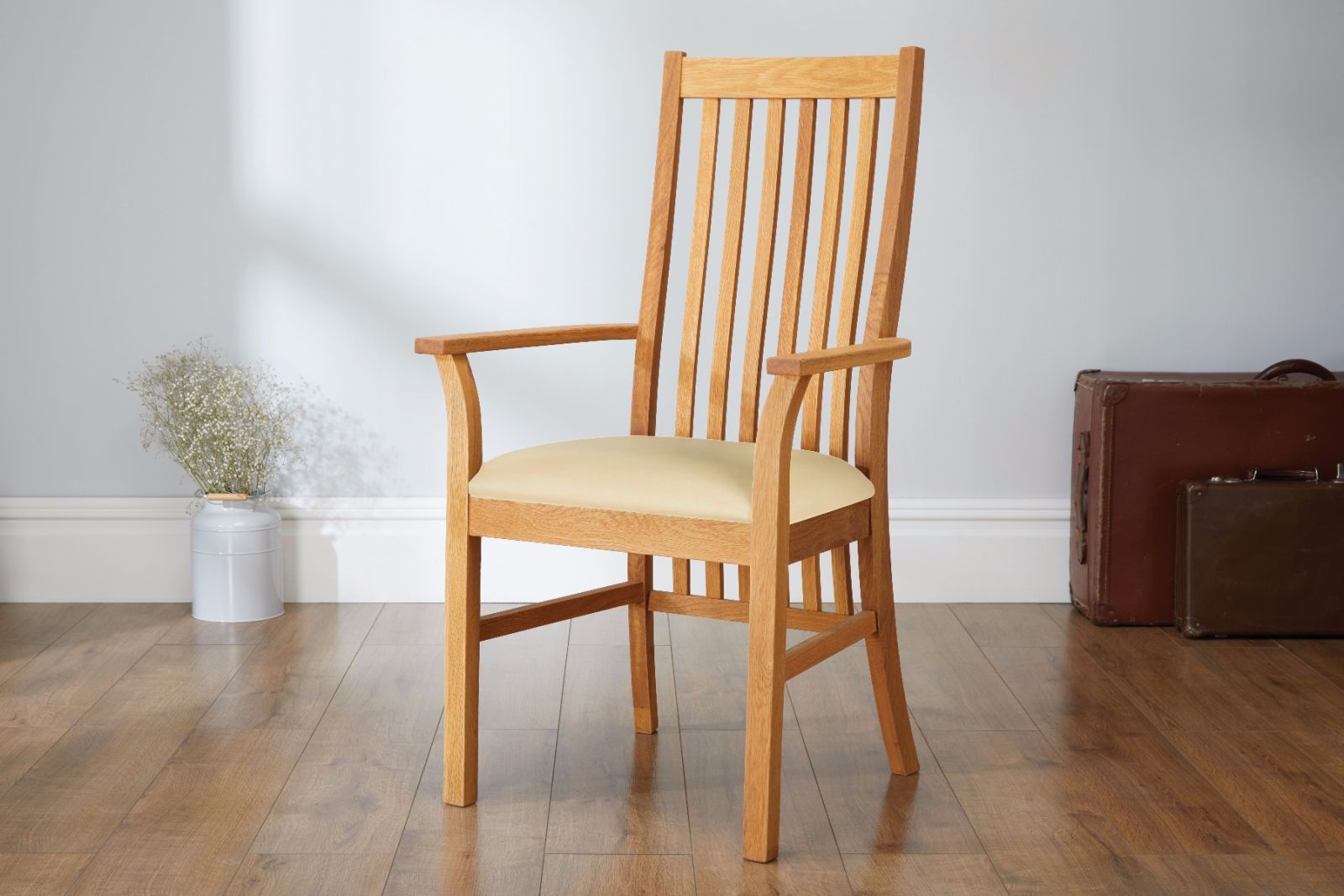 Lichfield Cream Leather Carver Oak Dining Chair - £20 OFF SUMMER SALE Lichfield Cream Leather Carver Oak Dining Chair - £20 OFF SUMMER SALE