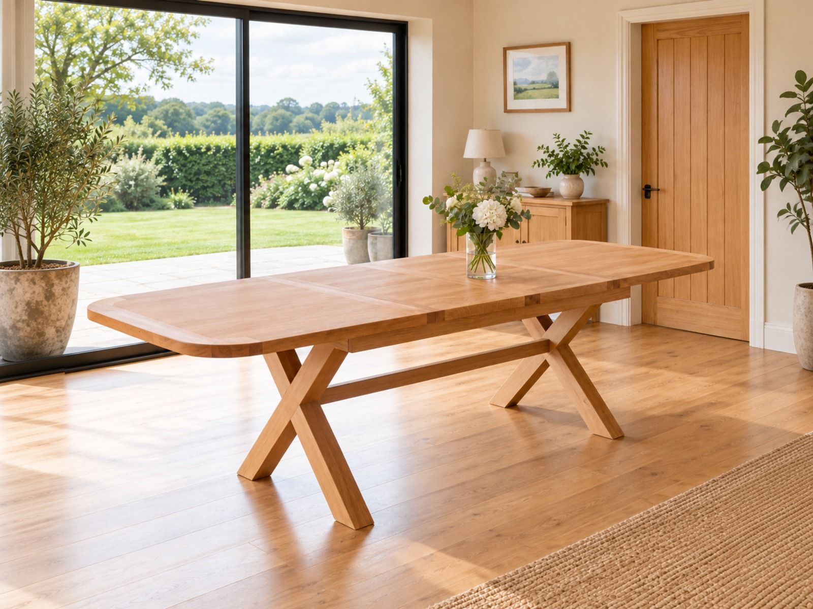 Provence 180cm-280cm Cross Leg Oak Extending Dining Table with Rounded Corners - £100 OFF AUTUMN SALE Provence 180cm-280cm Cross Leg Oak Extending Dining Table with Rounded Corners - £100 OFF AUTUMN SALE