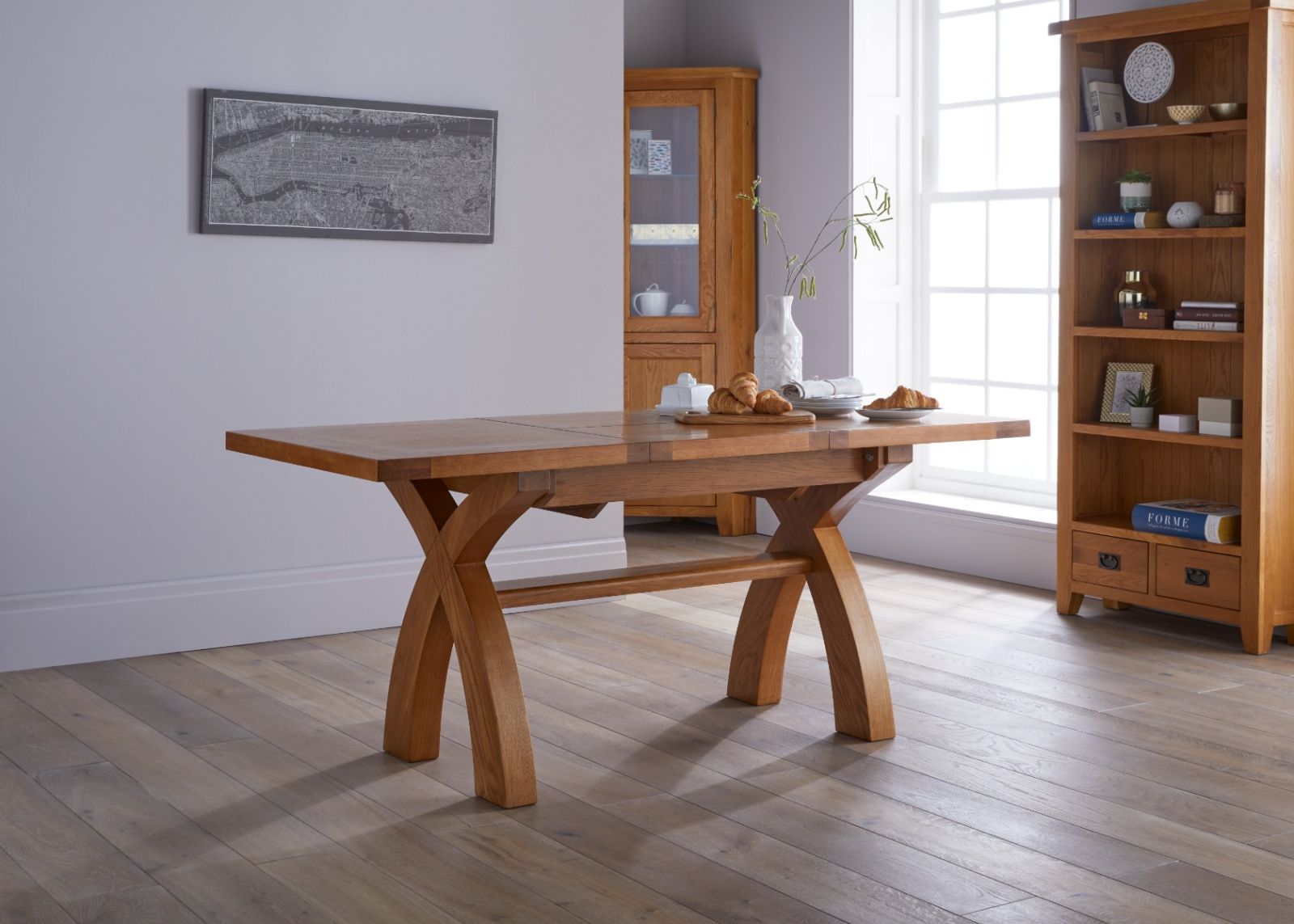 Country Oak 1.3 to 1.8m Cross Leg Oak Dining Table - 20% Off Discount Code FLASH Country Oak 1.3 to 1.8m Cross Leg Oak Dining Table - 20% Off Discount Code FLASH