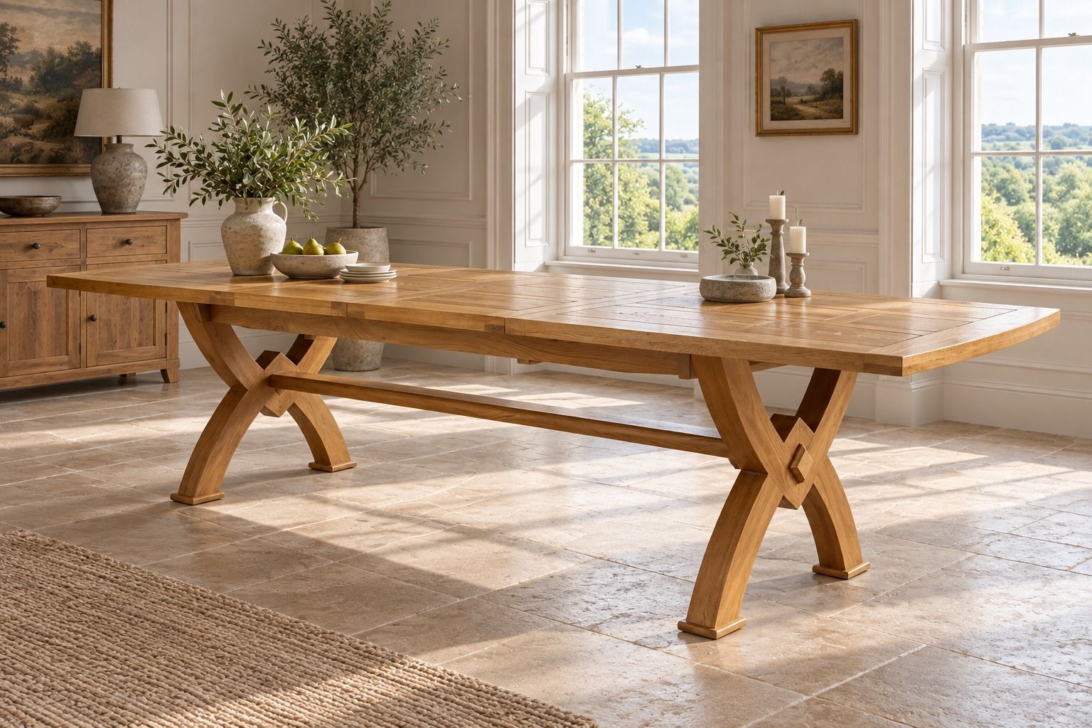Monastery 200cm-300cm Cross Leg Solid Oak Extending Dining Table - £200 OFF AUTUMN SALE Monastery 200cm-300cm Cross Leg Solid Oak Extending Dining Table - £200 OFF AUTUMN SALE