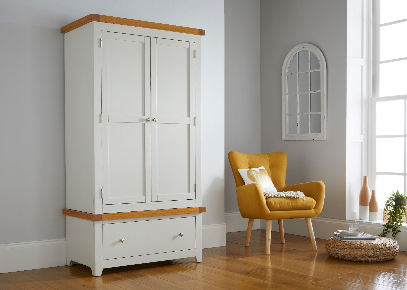 Cheshire Grey Painted Oak Double Wardrobe with Drawer - Spring sale
