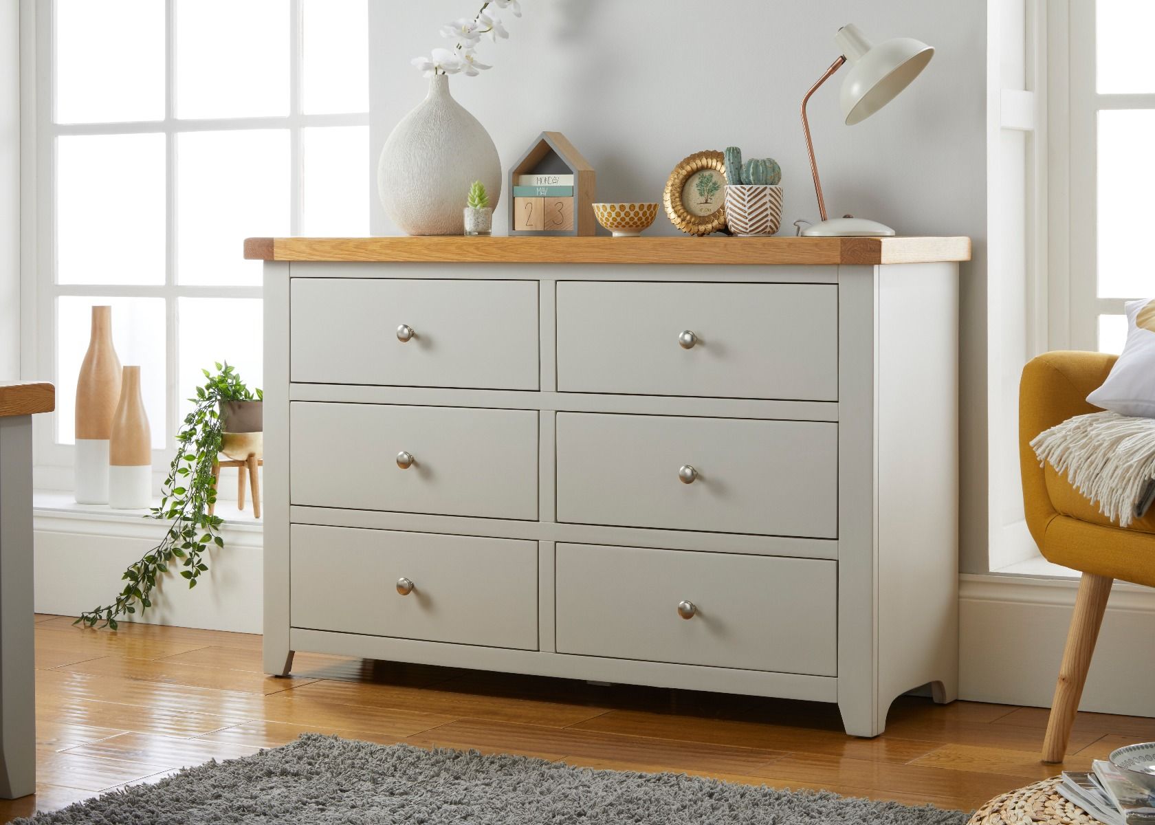 Cheshire Grey Painted 6 Drawer Oak Chest of Drawers - Spring sale