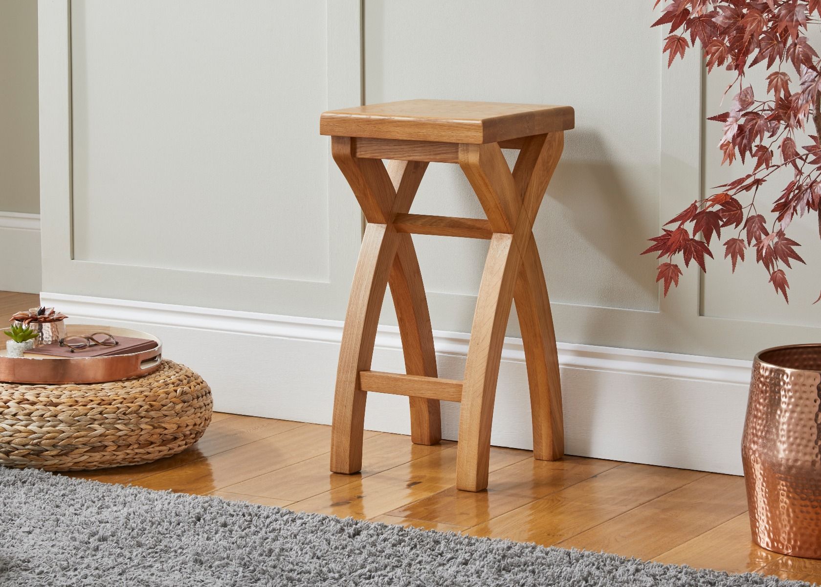 Country Oak Cross Leg Solid Oak Bar Stool Assembled - Spring sale