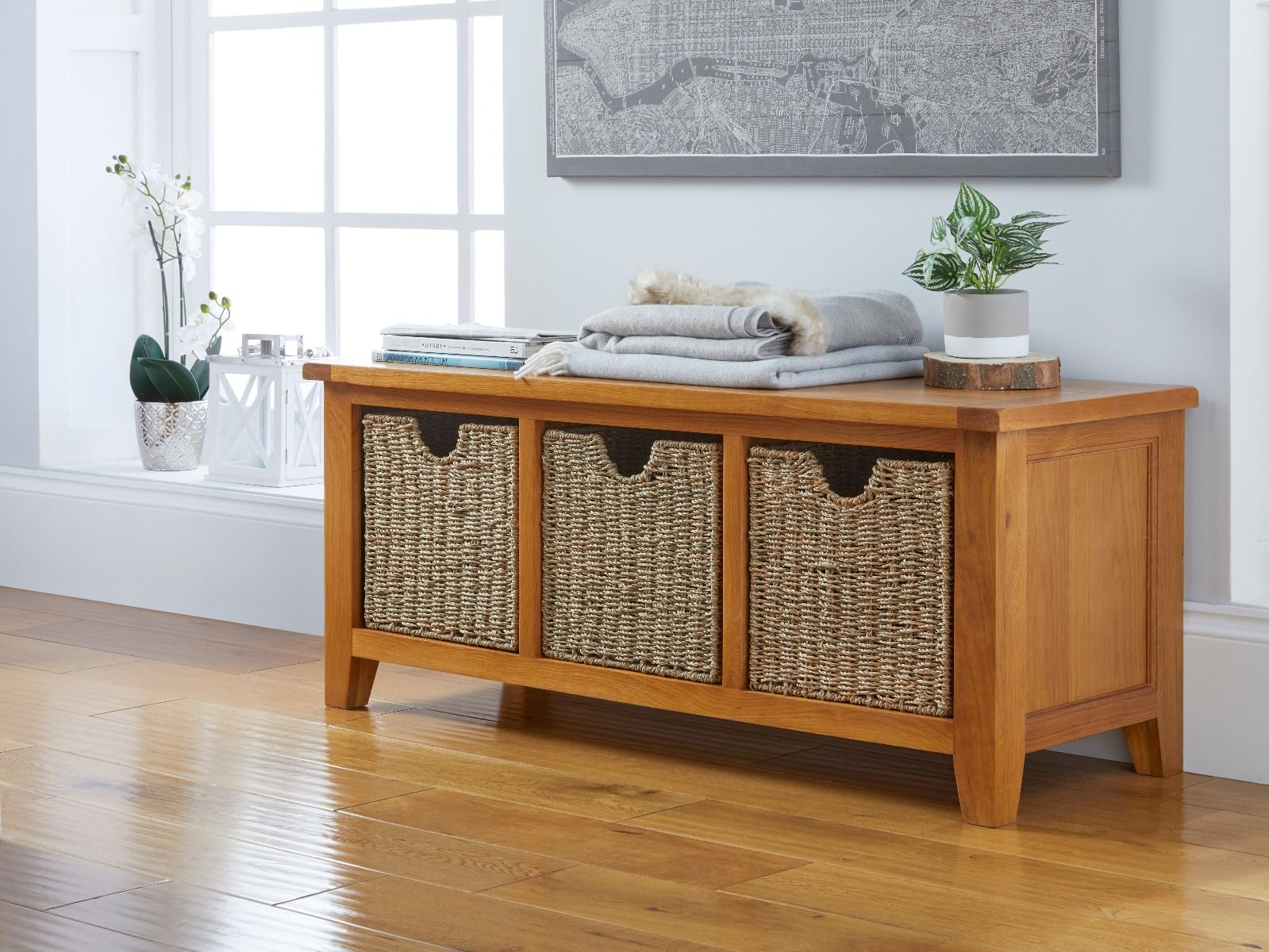 Country Oak Hallway Shoe Storage Bench with 3 Wicker Baskets - Spring sale