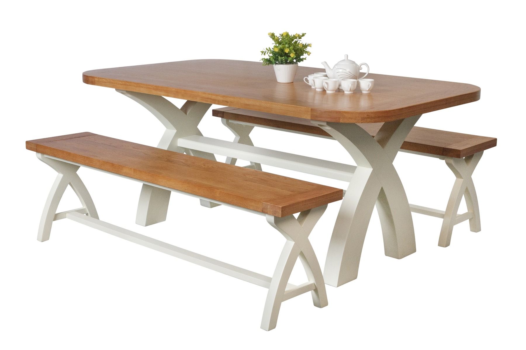Country Oak 180cm Cream Painted Dining Table pair 160cm Cross Leg Benches