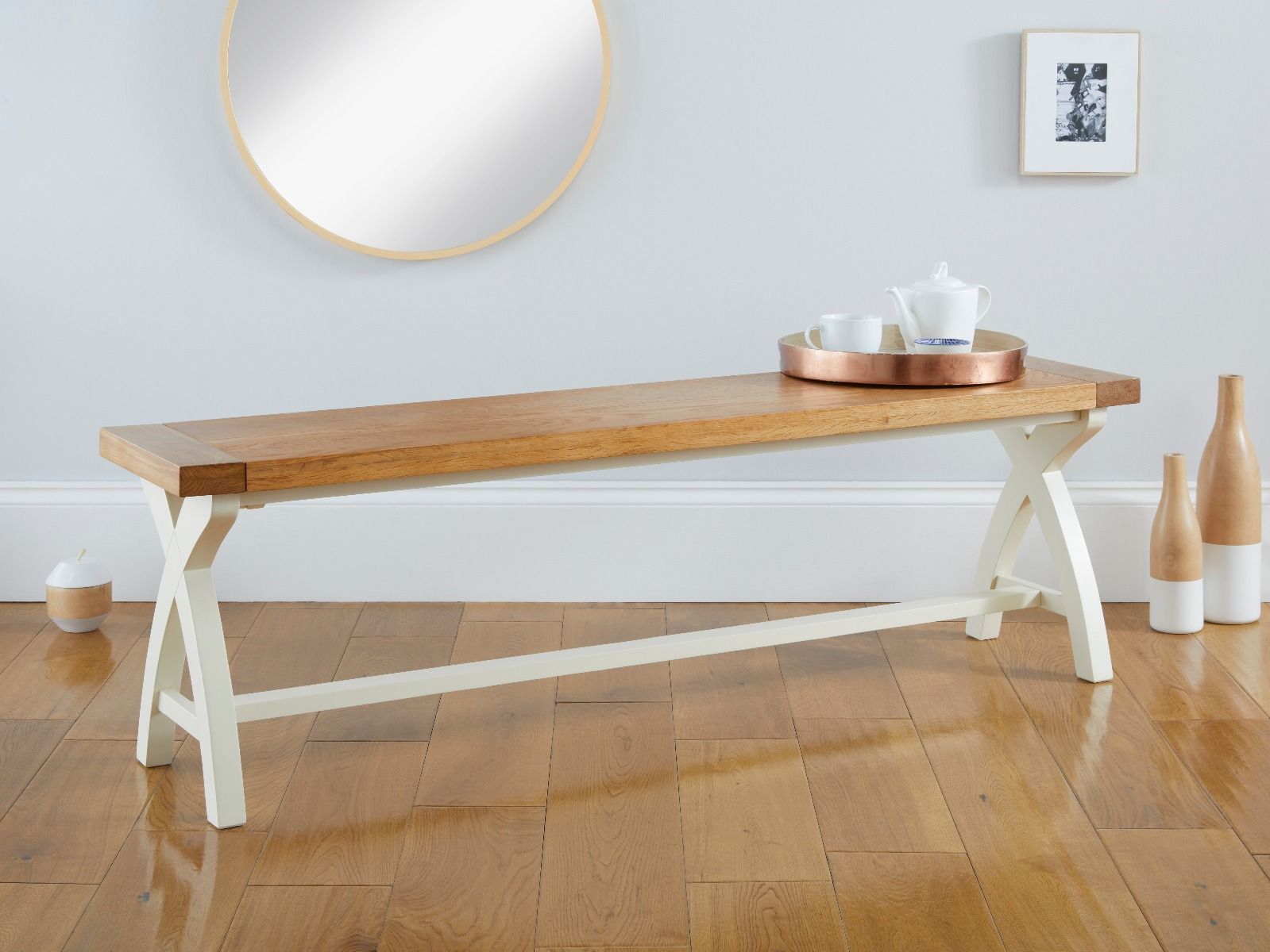 1.6m Cream Painted Cross Leg Oak Bench - Spring sale