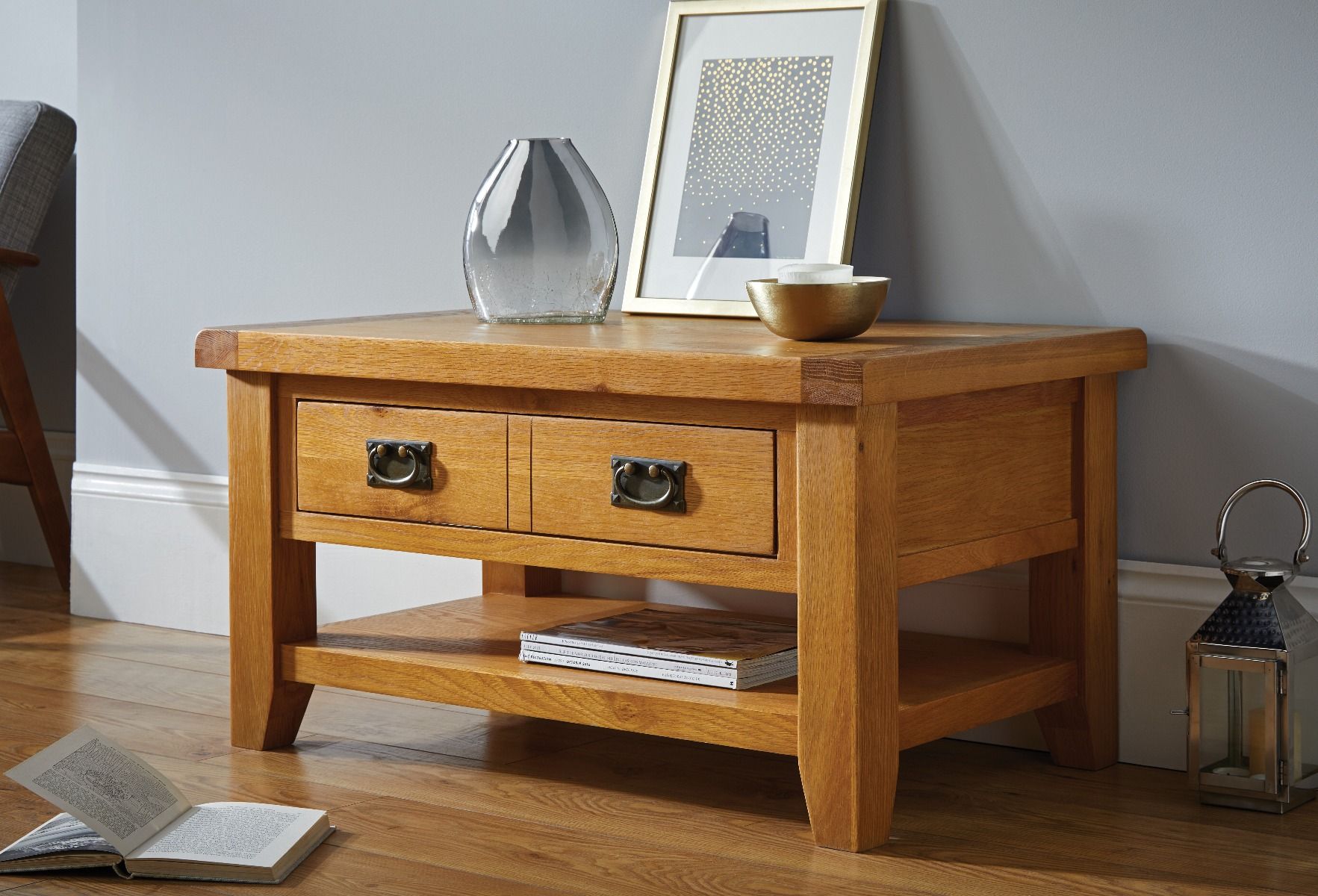 Country Oak Coffee Table with Drawer and Shelf - Spring sale
