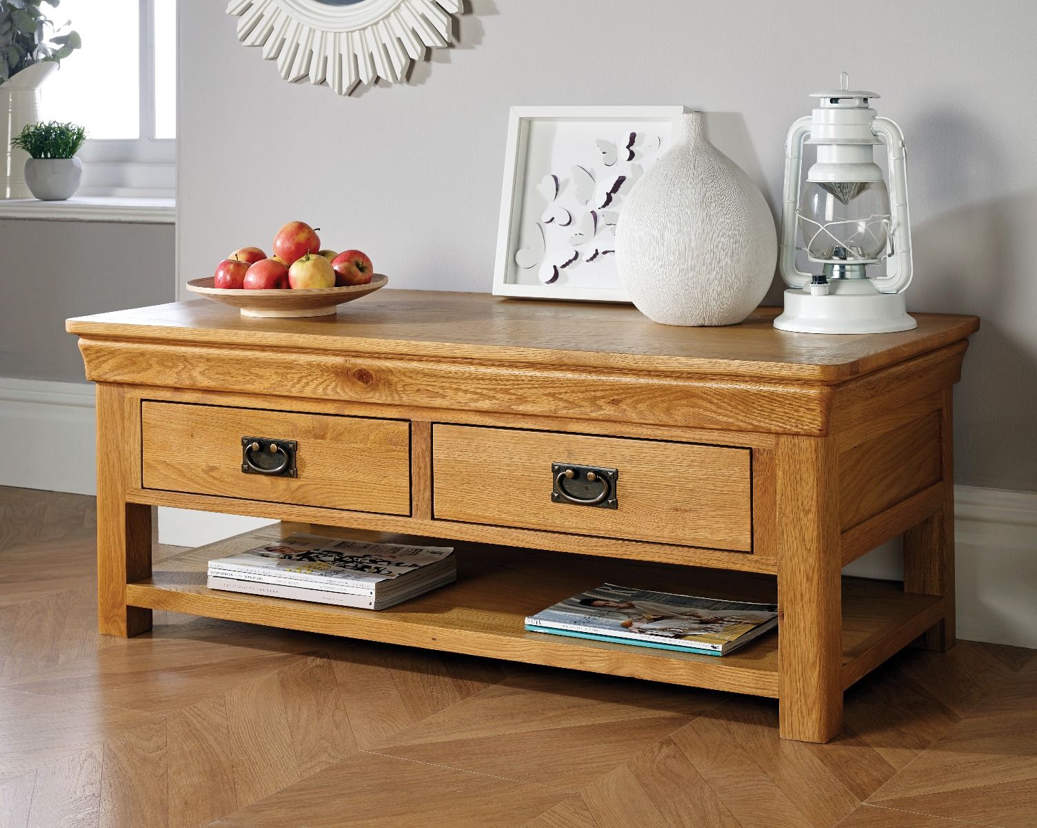 Farmhouse Oak Large Coffee Table With Shelf - Spring sale