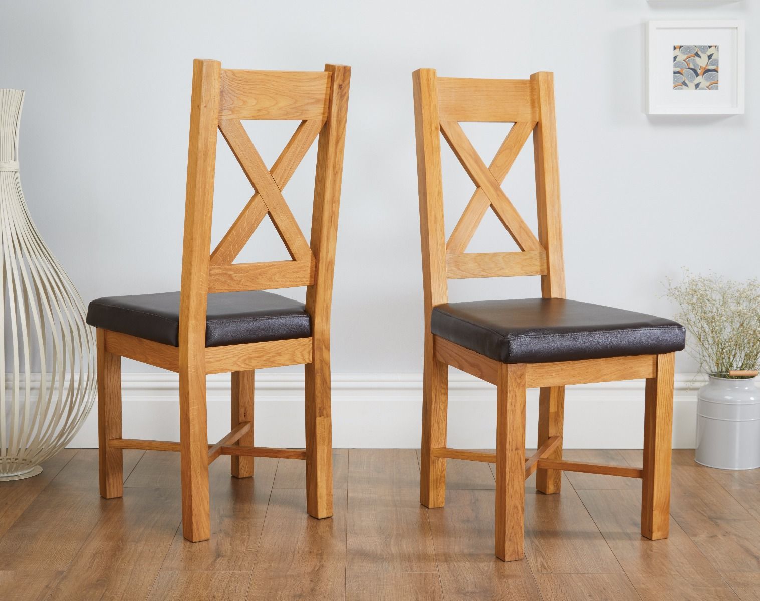 Grasmere Oak Dining Chair with Brown Leather Seat - Spring sale