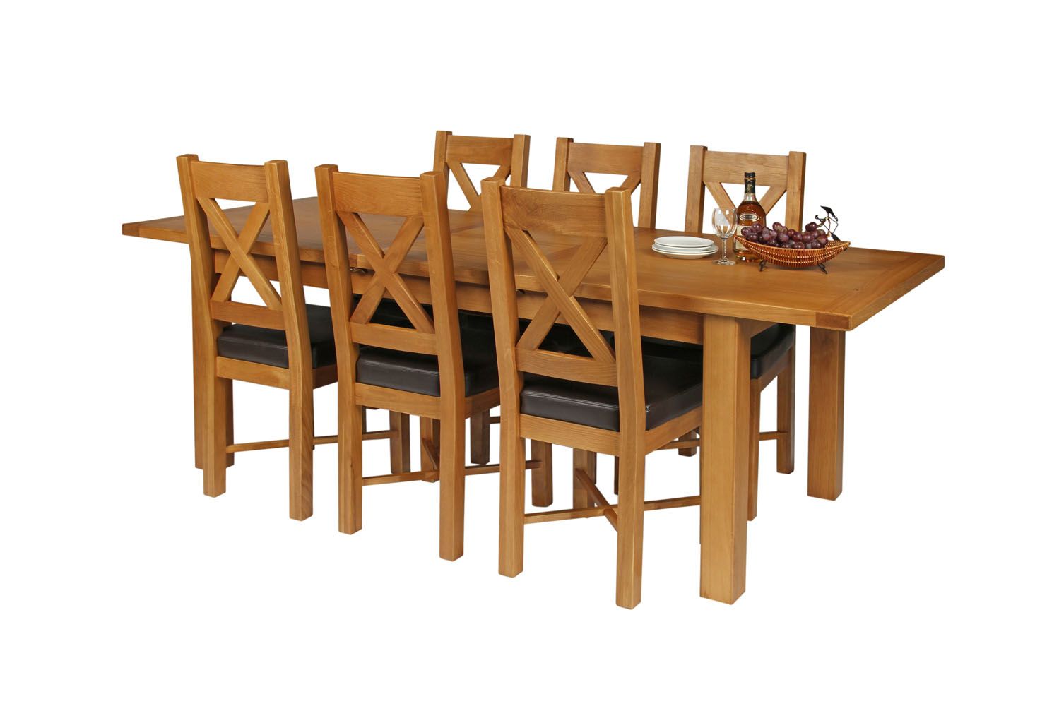 Country Oak 230cm Extending Oak Table and 6 Grasmere Brown Leather Seat Chair Set