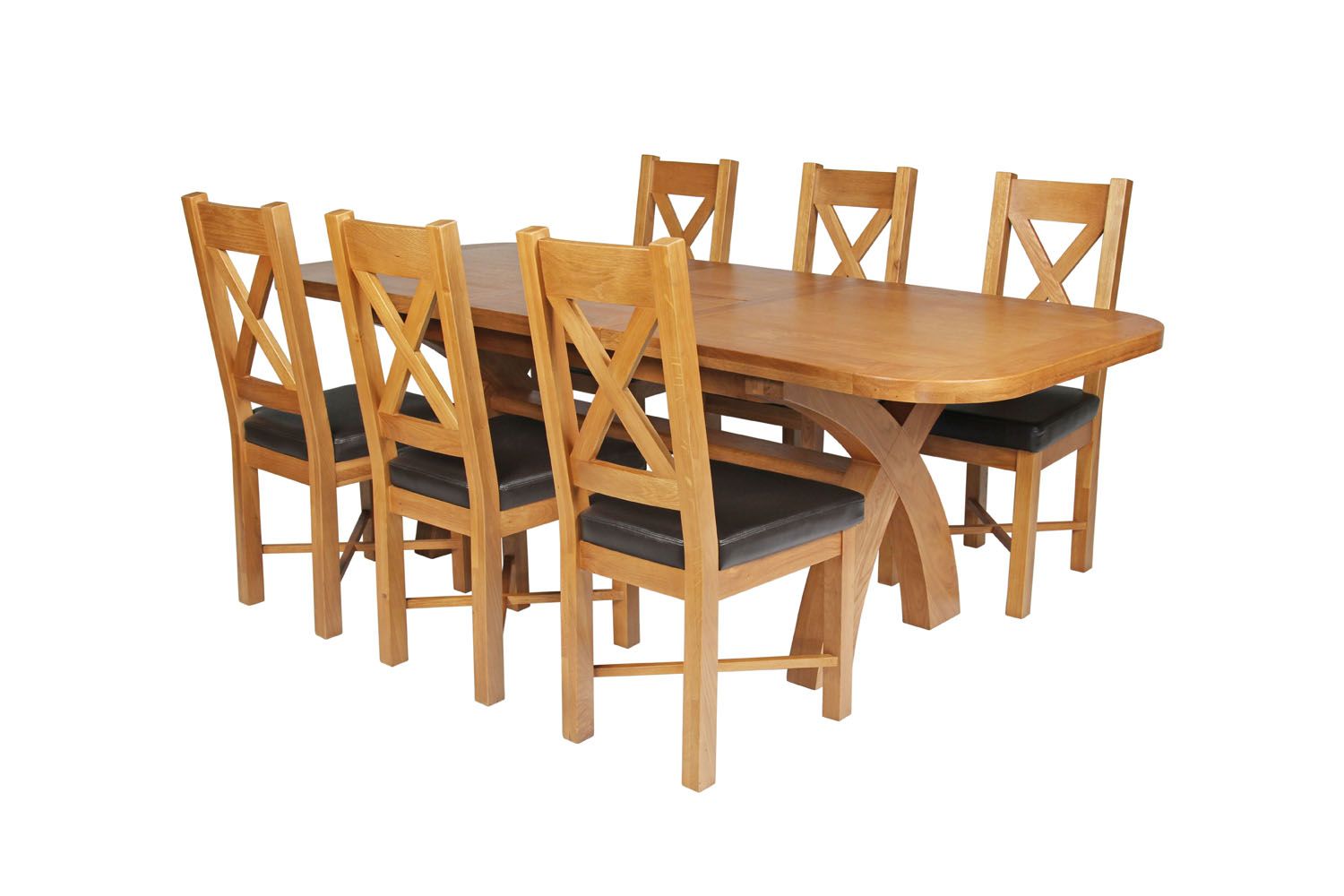 Country Oak 230cm Cross Leg Oval Table and 6 Grasmere Brown Leather Chairs