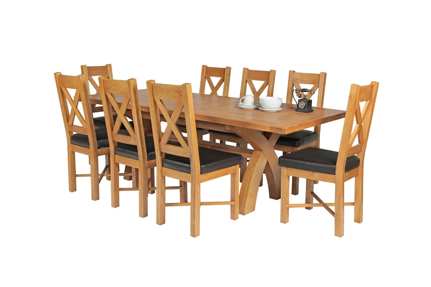Country Oak 230cm Cross Leg Table and 8 Grasmere Brown Leather Chairs Set