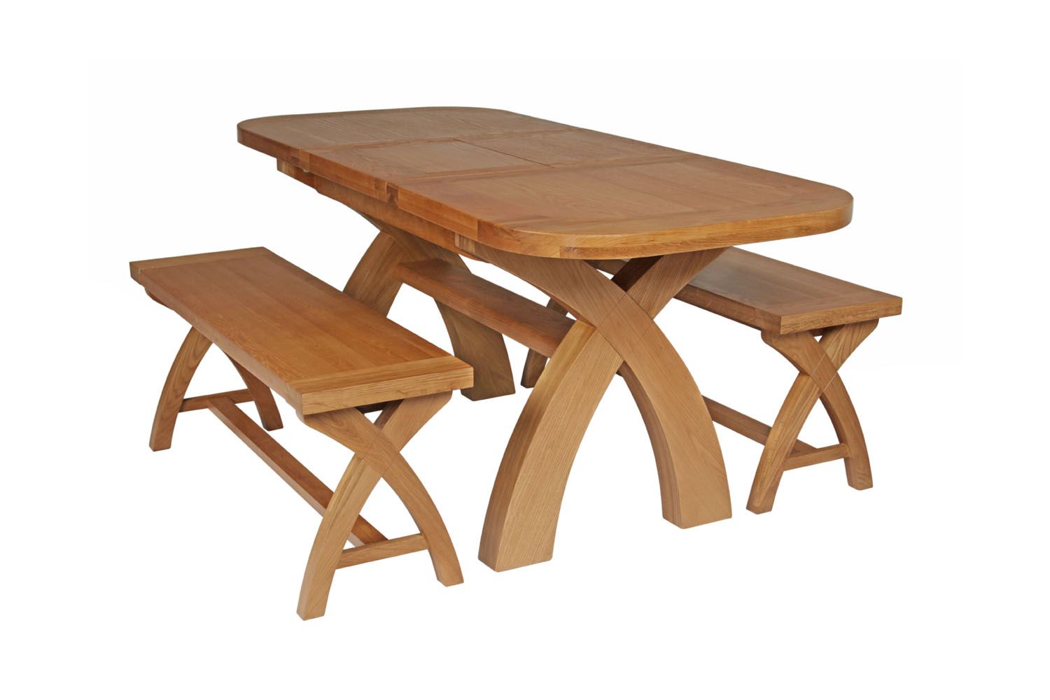 Country Oak 180cm Extending Cross Leg Oval Table and 2 x 120cm Cross Leg Bench Set