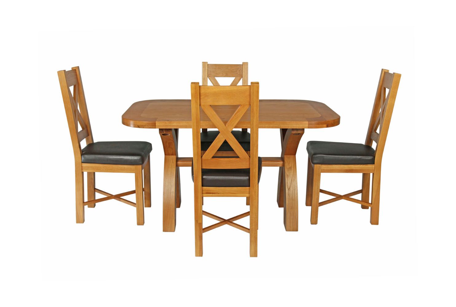 Country Oak 140cm Cross Leg Rounded Corner Table and 4 Grasmere Brown Leather Chairs