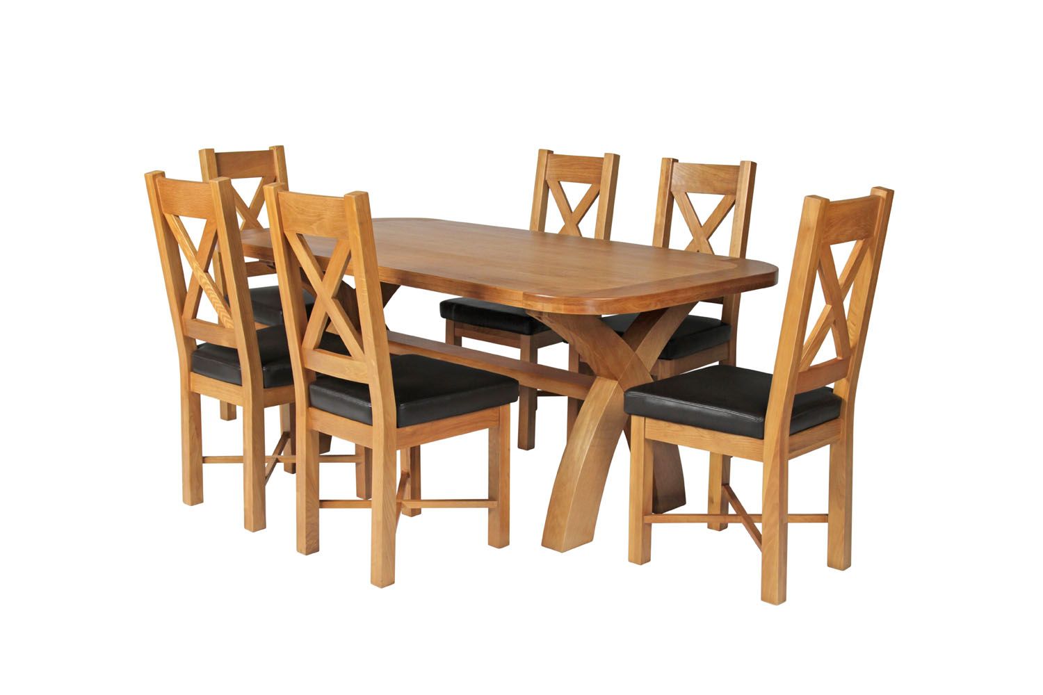 Country Oak 180cm Cross Leg Rounded Corner Table and 6 Grasmere Brown Leather Chairs