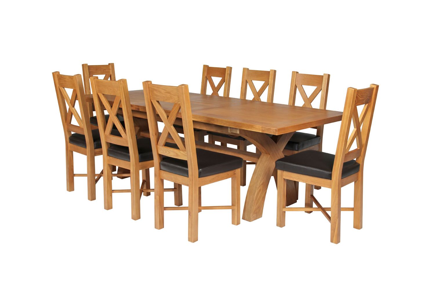 Country Oak 280cm Extending Cross Leg Square Table and 8 Grasmere Brown Leather Chairs