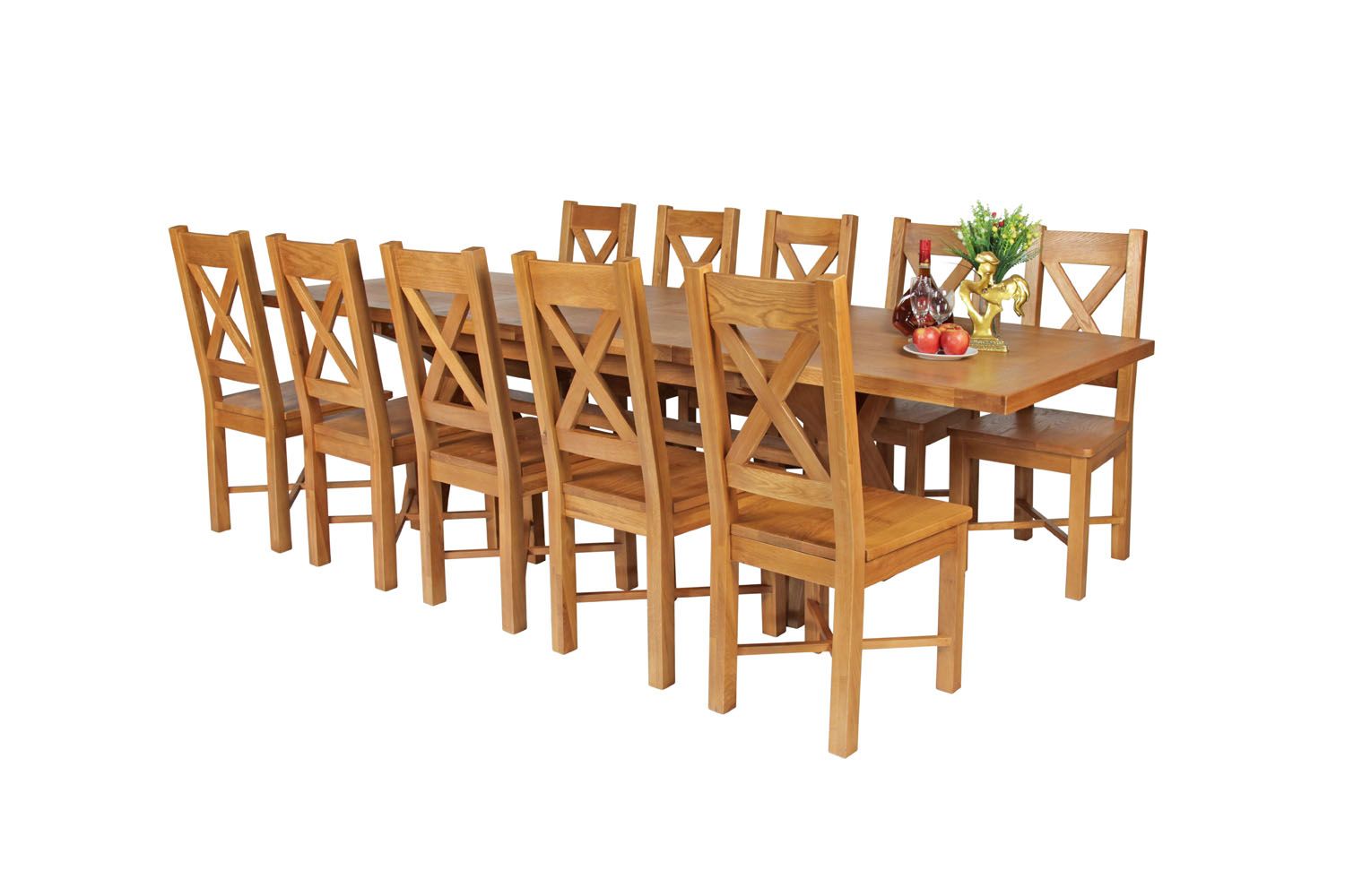 Country Oak 280cm Extending Cross Leg Square Table and 10 Grasmere Timber Seat Chairs