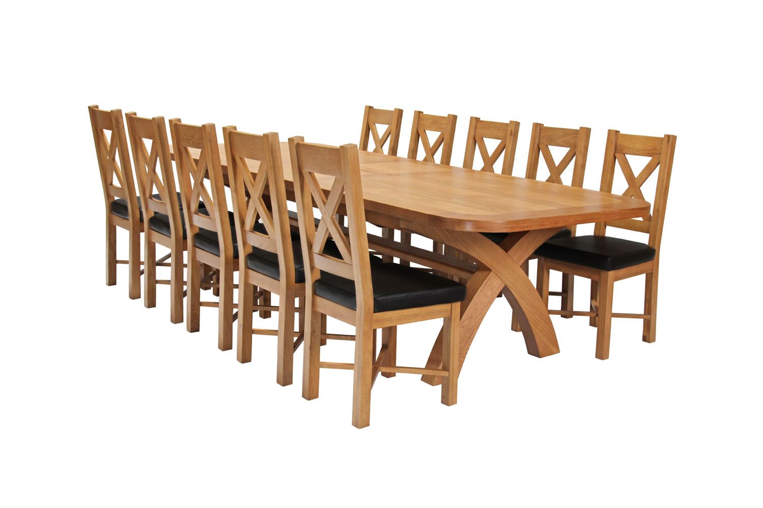 Country Oak 340cm Extending Cross Leg Oval Table and 10 Grasmere Brown Leather Chairs
