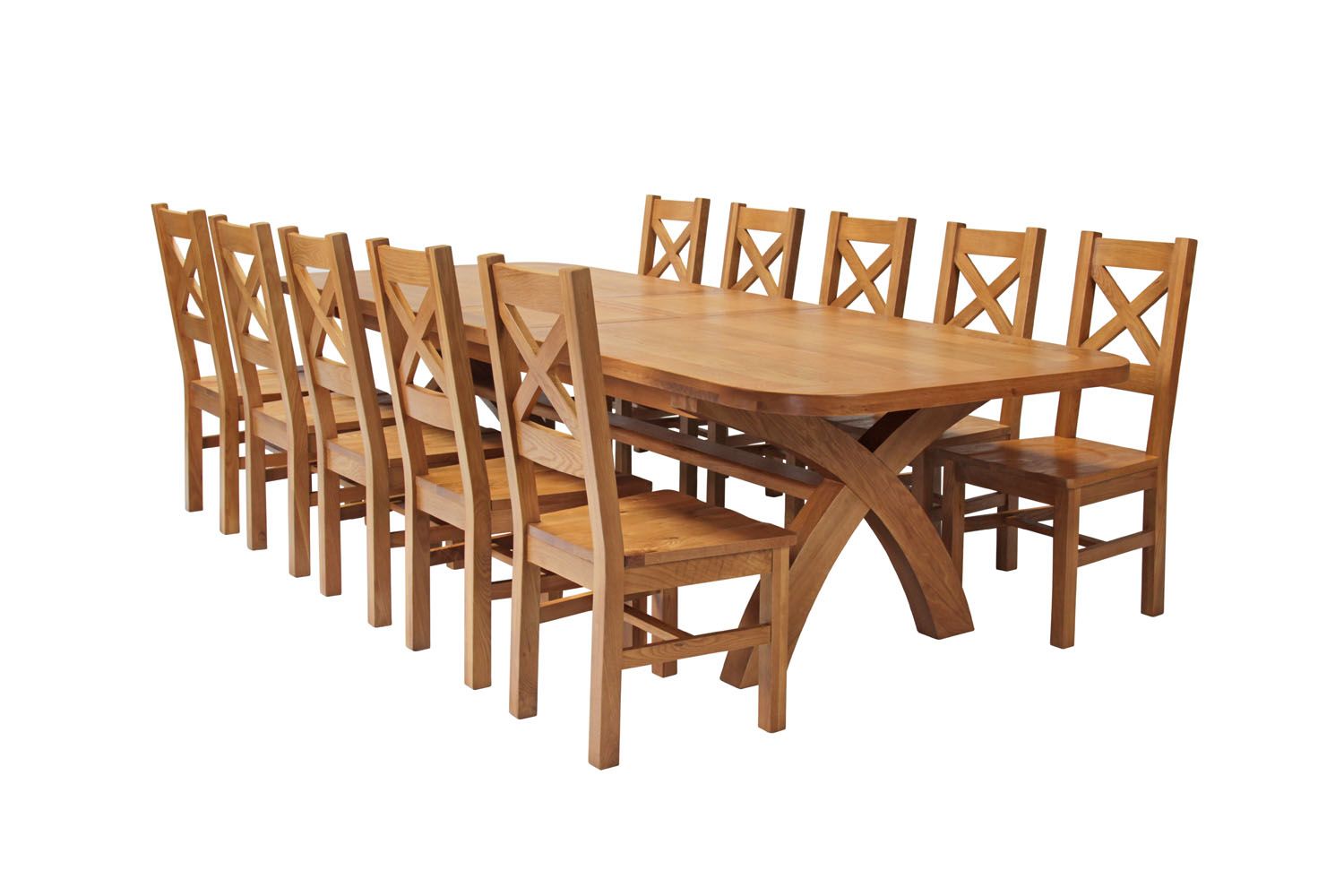 Country Oak 340cm Extending Cross Leg Oval Table and 10 Windermere Timber Seat Chairs