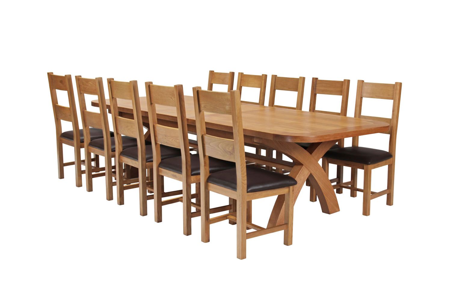 Country Oak 340cm Extending Cross Leg Oval Table and 10 Chester Brown Leather Chairs