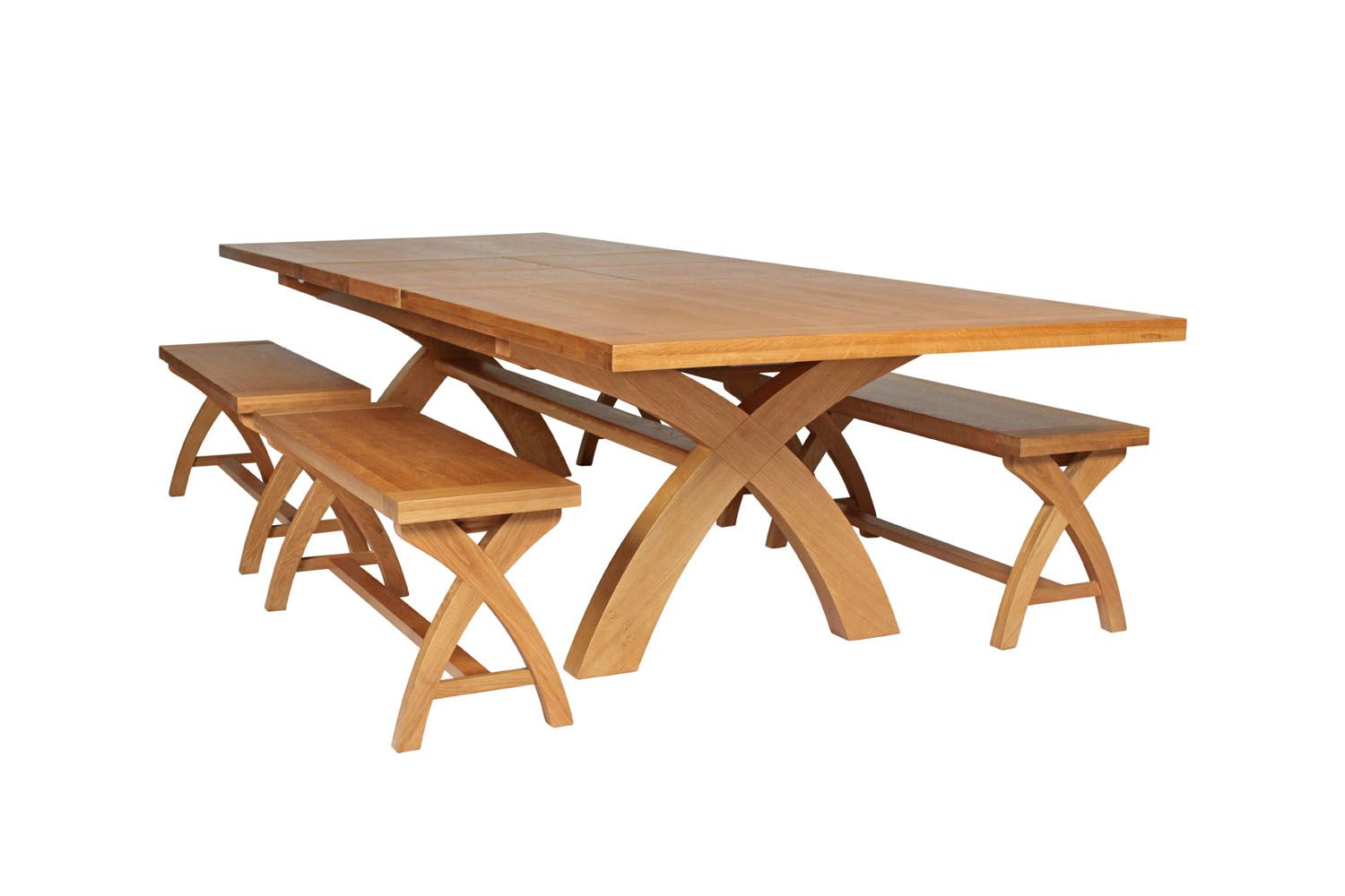 Country Oak 340cm Extending Cross Leg Table and 4 120cm Cross Leg Bench Set