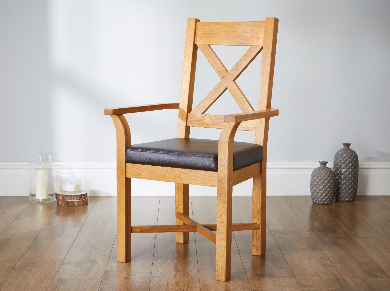 Grasmere Oak Carver Dining Chair With Brown Leather Seat - Spring sale