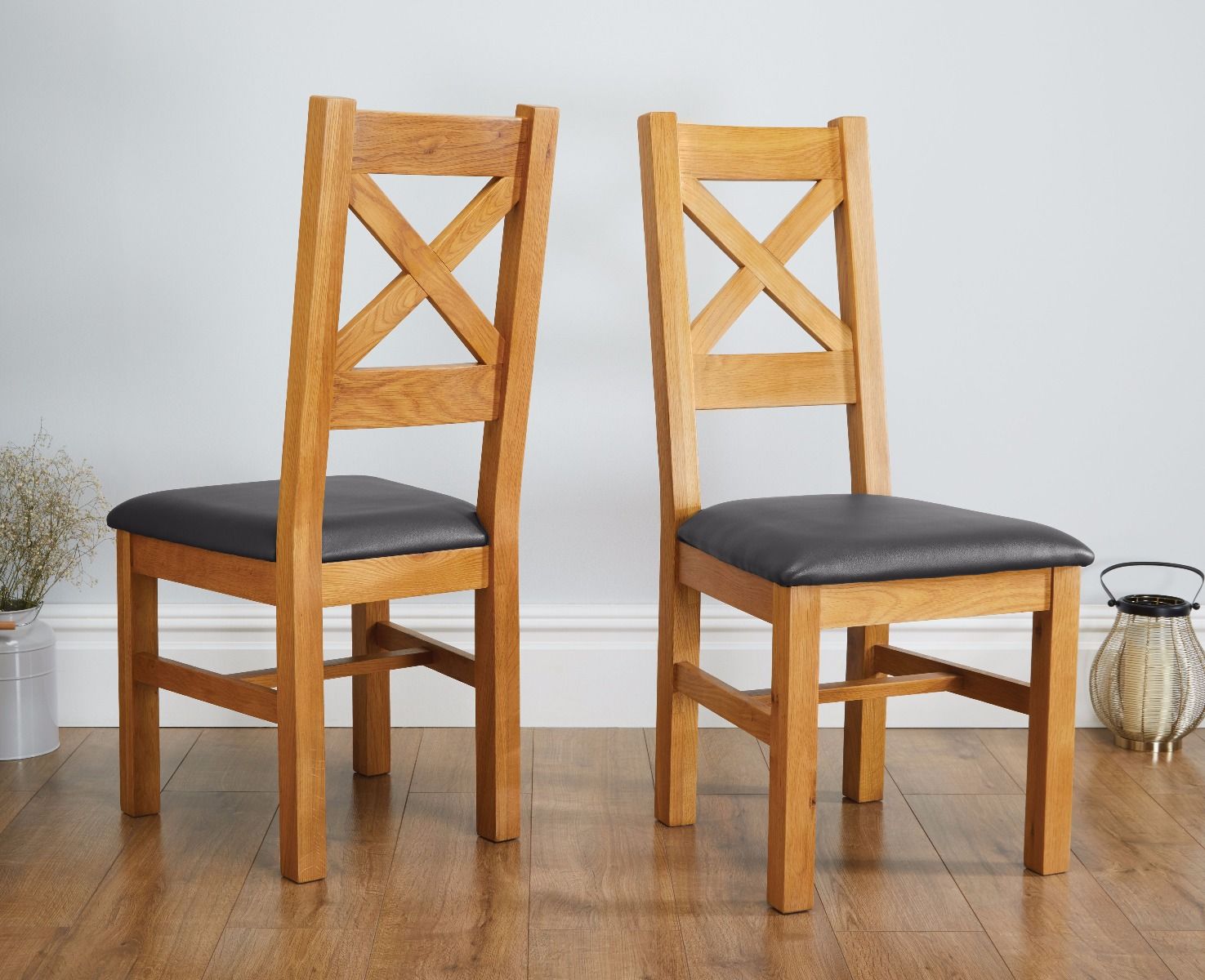 Windermere Cross Back Oak Chair With Black Leather Seat - Spring sale