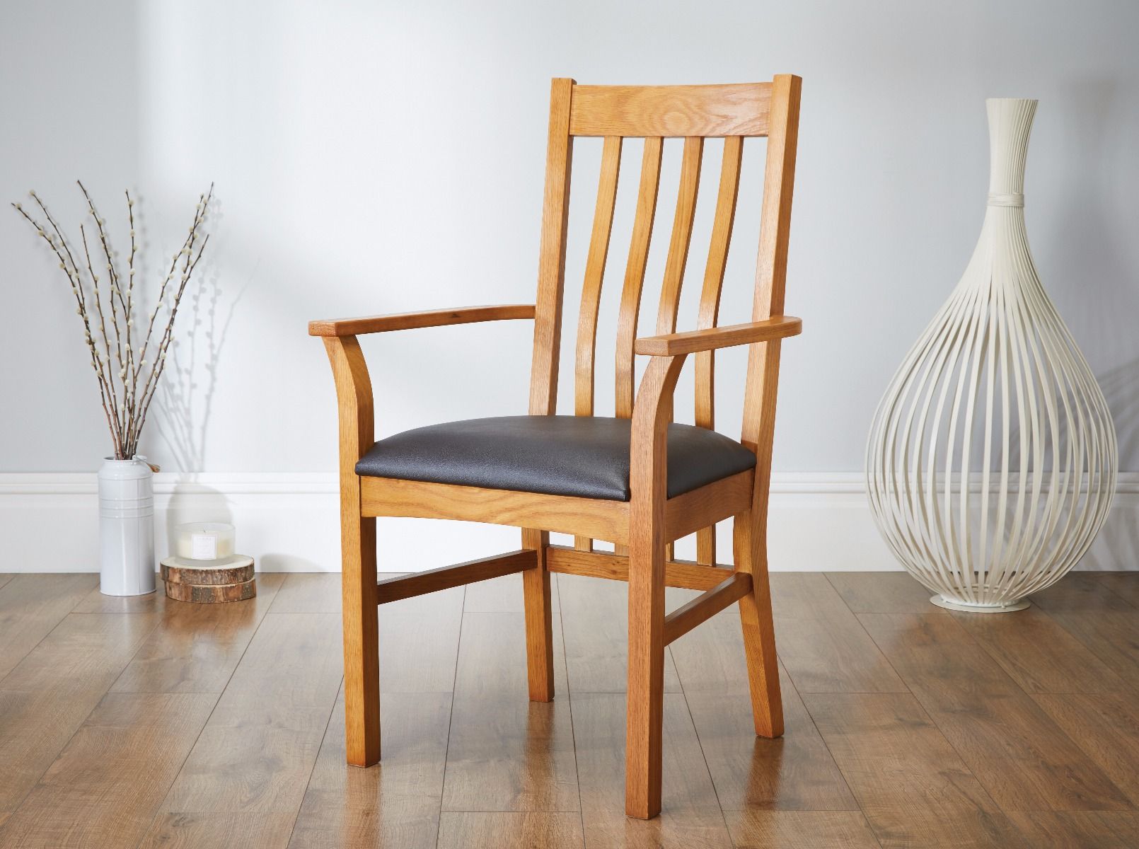 Chelsea Solid Oak Brown Leather Carver Dining Chair - Spring sale
