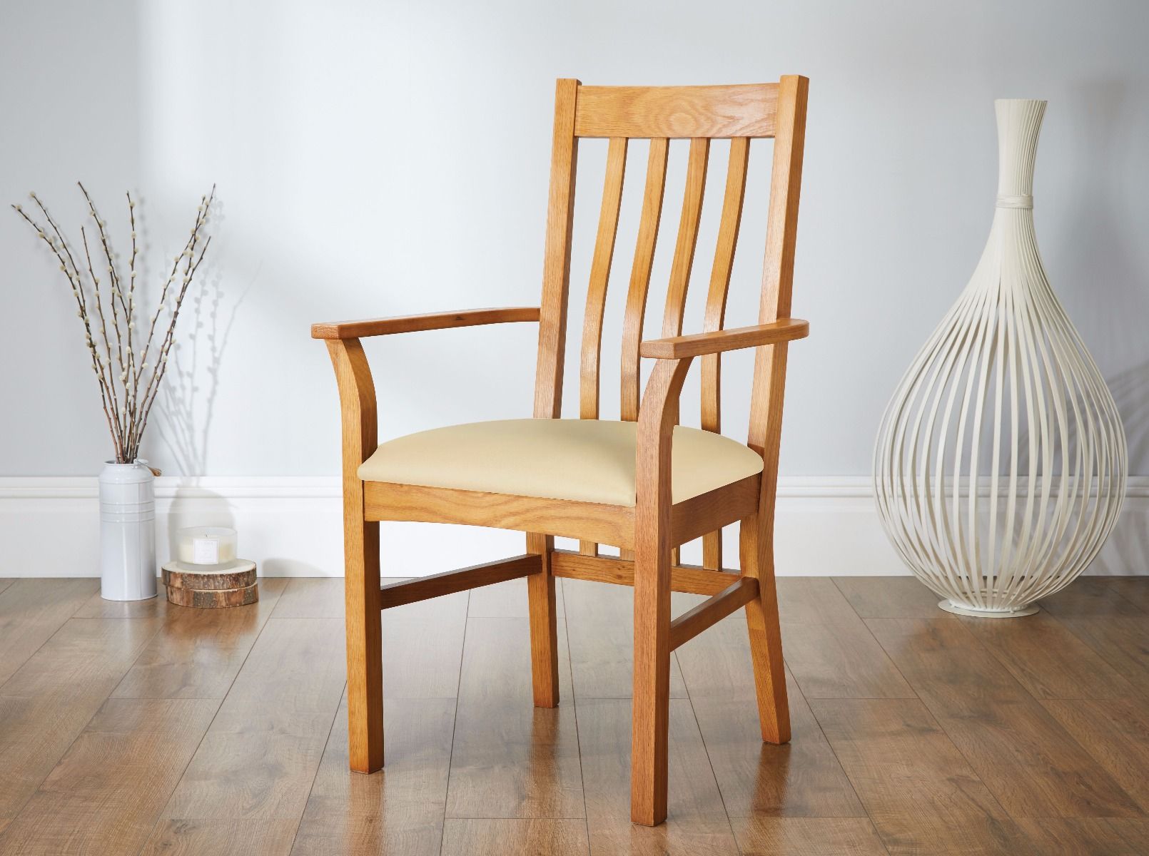 Chelsea Cream Leather Carver Oak Dining Chair - Spring sale