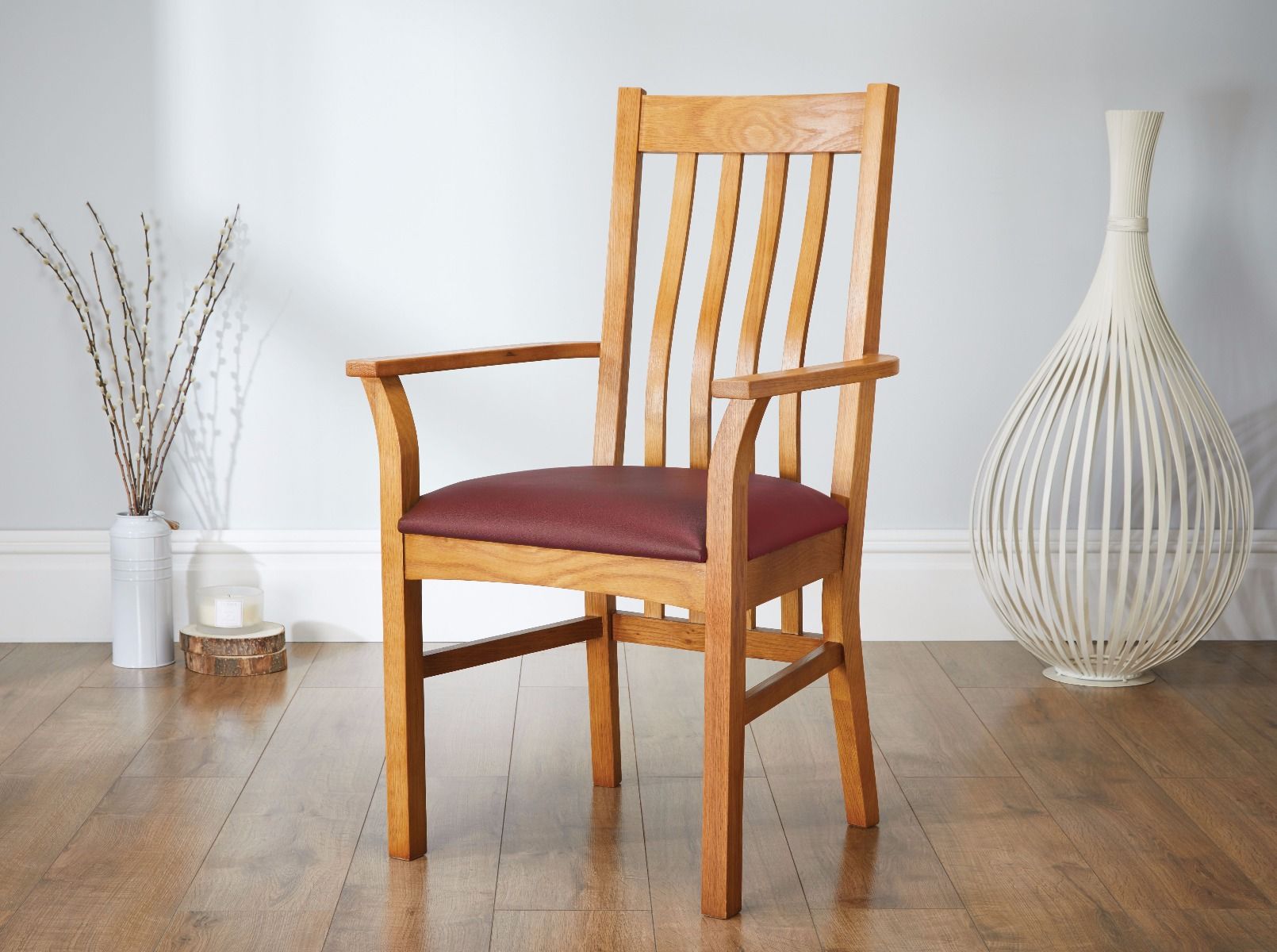 Chelsea Solid Oak Red Leather Carver Dining Chair - Spring sale
