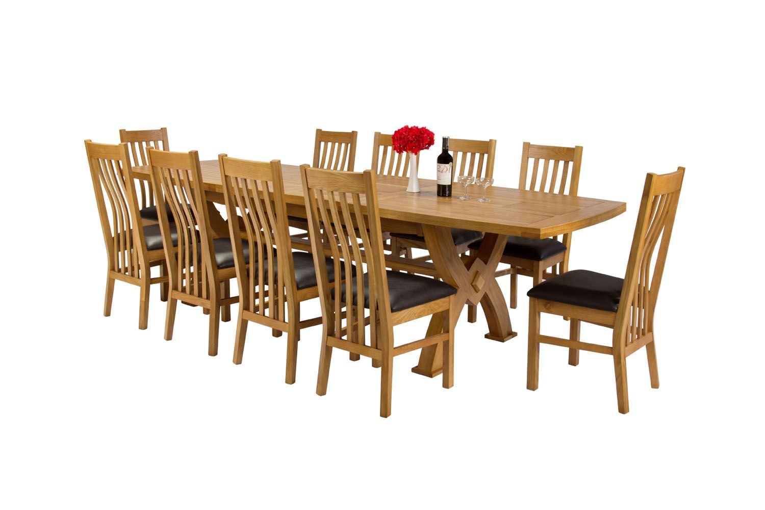 Monastery 300cm Double Extending Solid Oak Table 10 Chelsea Brown Leather Oak Chair Set