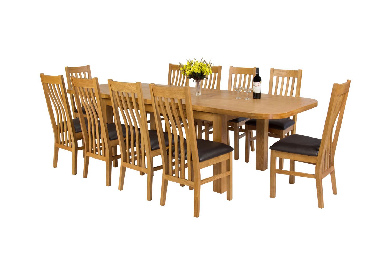 Country Oak 280cm Extending Oak Table and 10 Chelsea Brown Leather Chairs