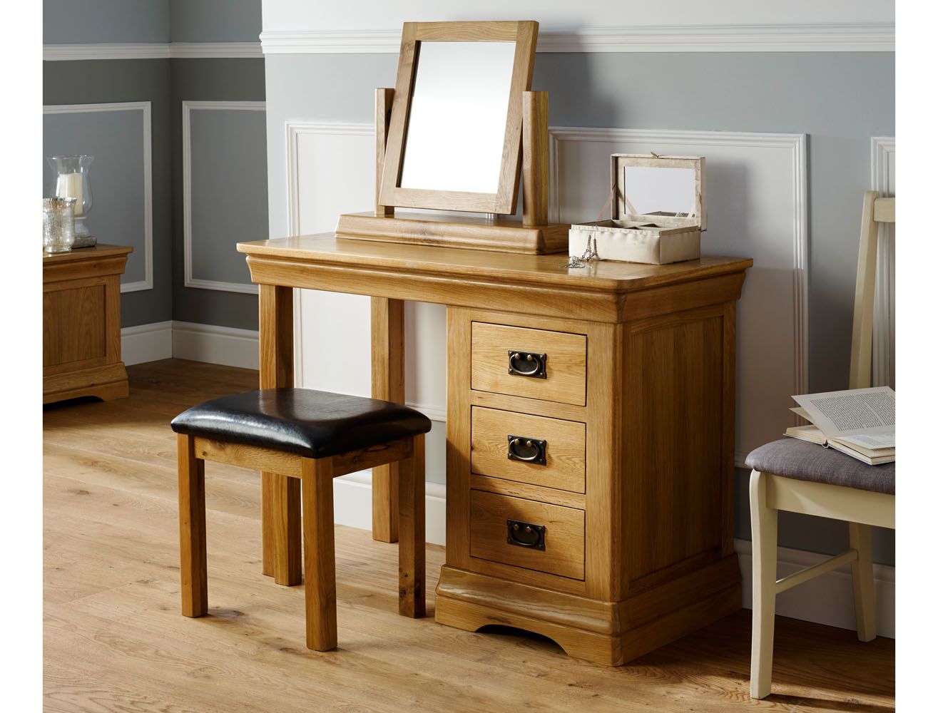 Farmhouse Country Oak Dressing Table Mirror Stool Set