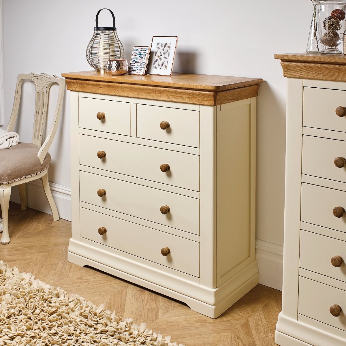 Farmhouse Country Oak Cream Painted 2 Over 3 Chest of Drawers - Spring sale