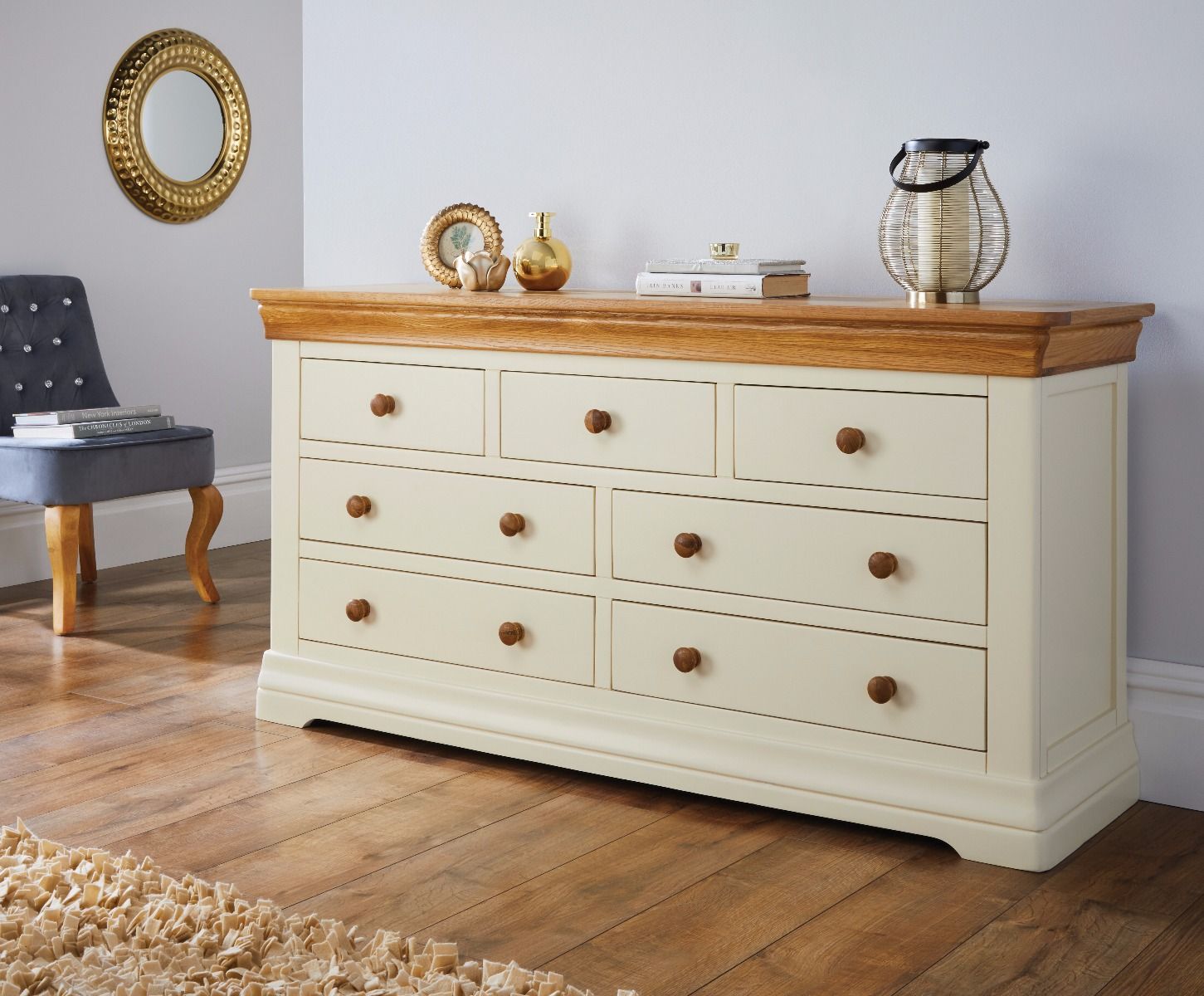 Farmhouse Country Oak Cream Painted 3 Over 4 Chest of Drawers - Spring sale