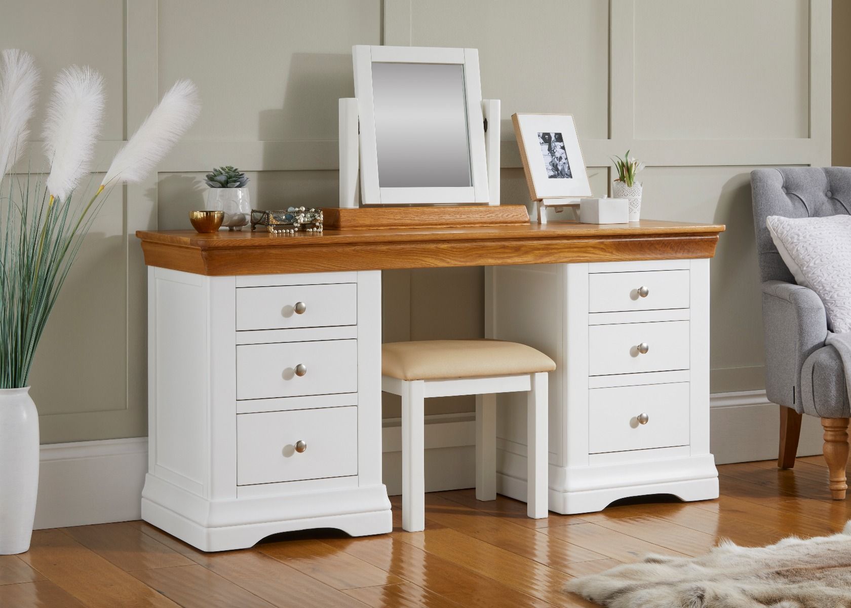 Farmhouse Country White Painted Double Pedestal Large Dressing Table / Desk - Spring sale
