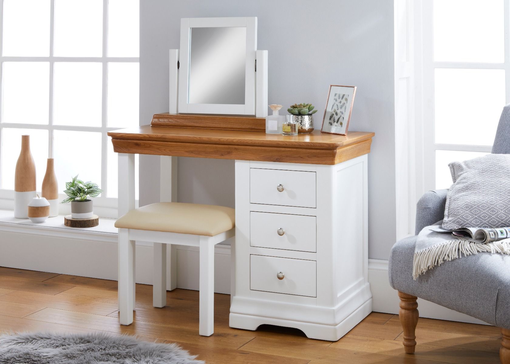 Farmhouse White Painted Oak Single Dressing Table / Home Office Desk - Spring sale
