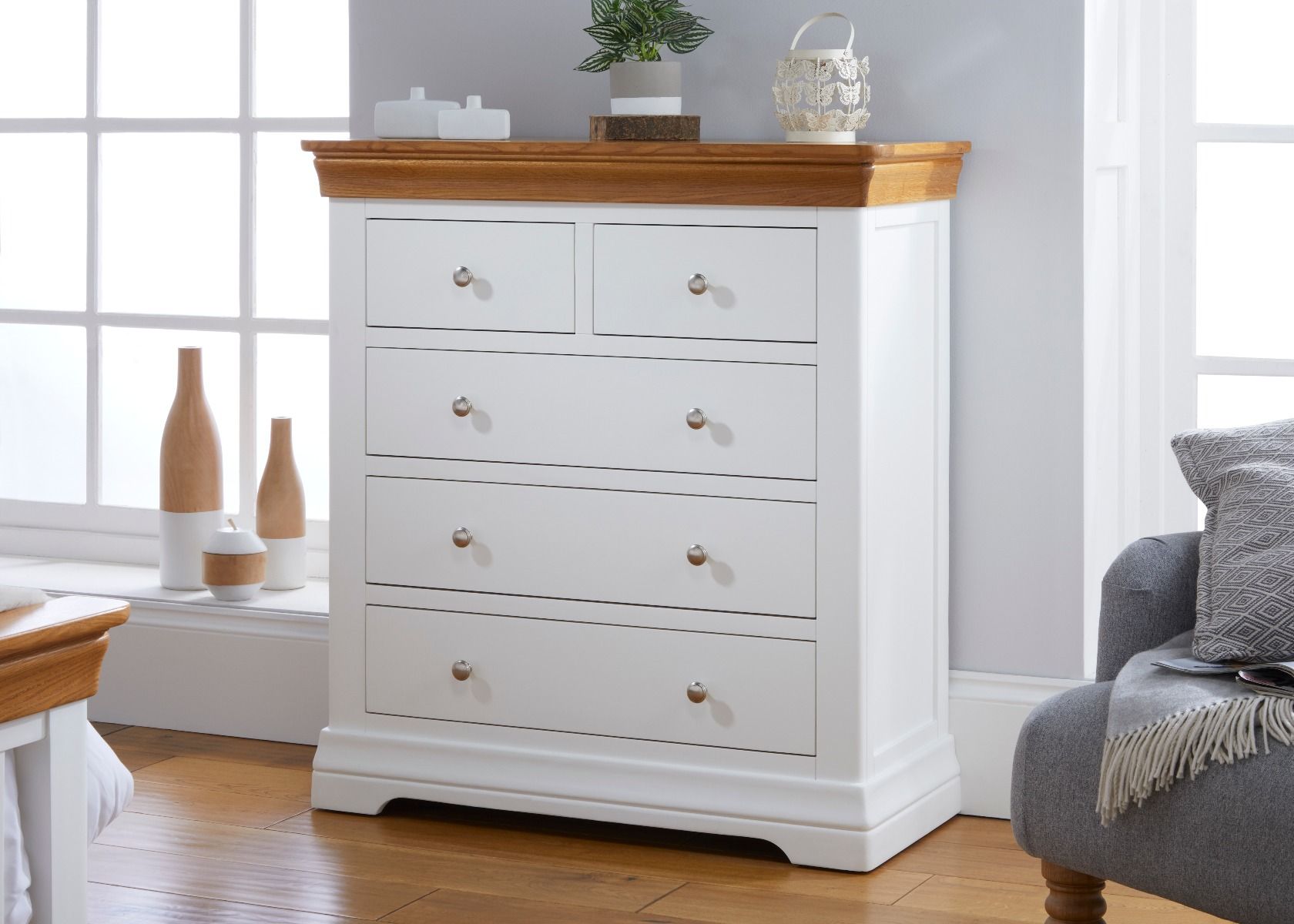 Farmhouse White Painted 2 Over 3 Oak Chest of Drawers - Spring sale
