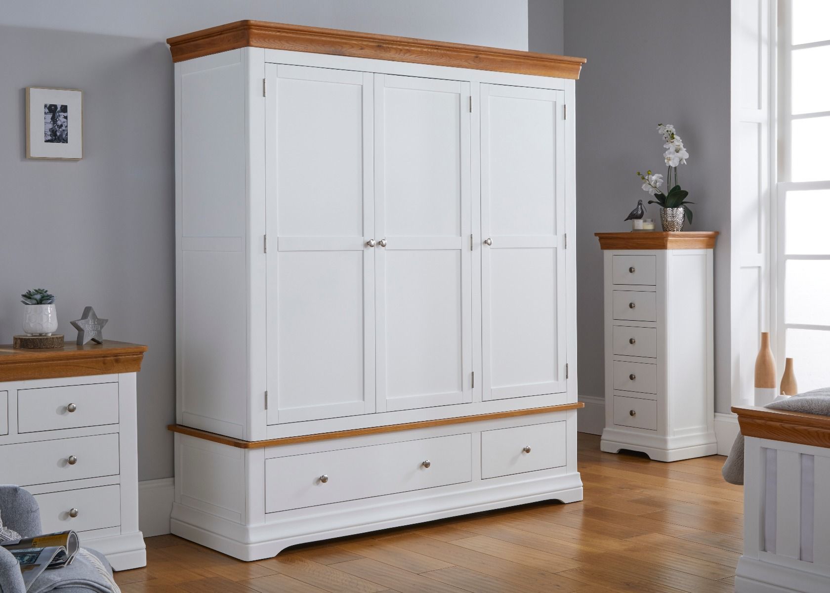 Farmhouse White Painted 3 Door Triple Wardrobe with Drawers - Spring sale
