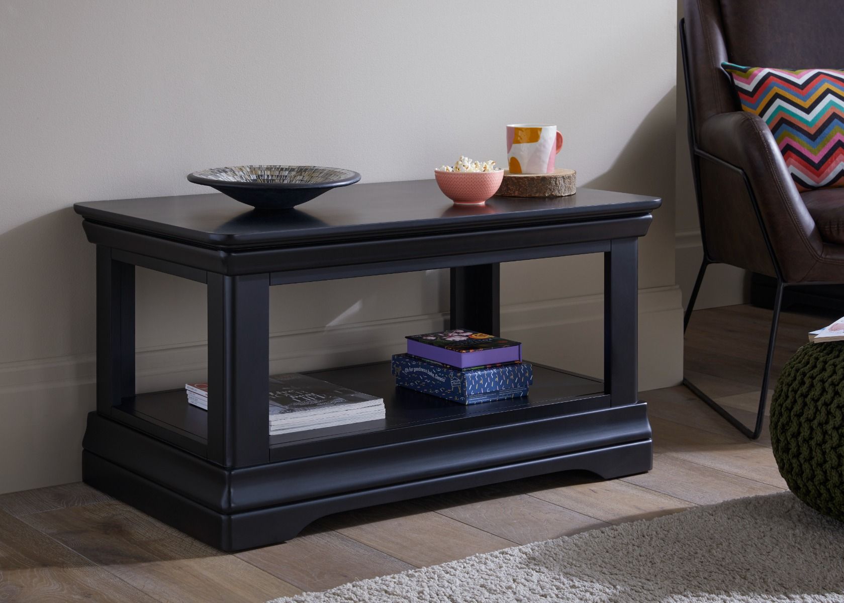 Toulouse Black Painted Coffee Table with Shelf - Spring sale