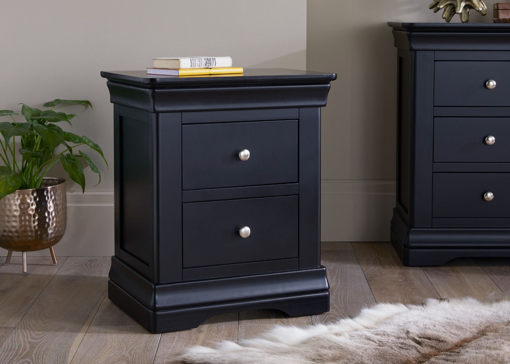 20% Saving - Toulouse Black Painted 2 Drawer Bedside Table Fully Assembled - Spring sale