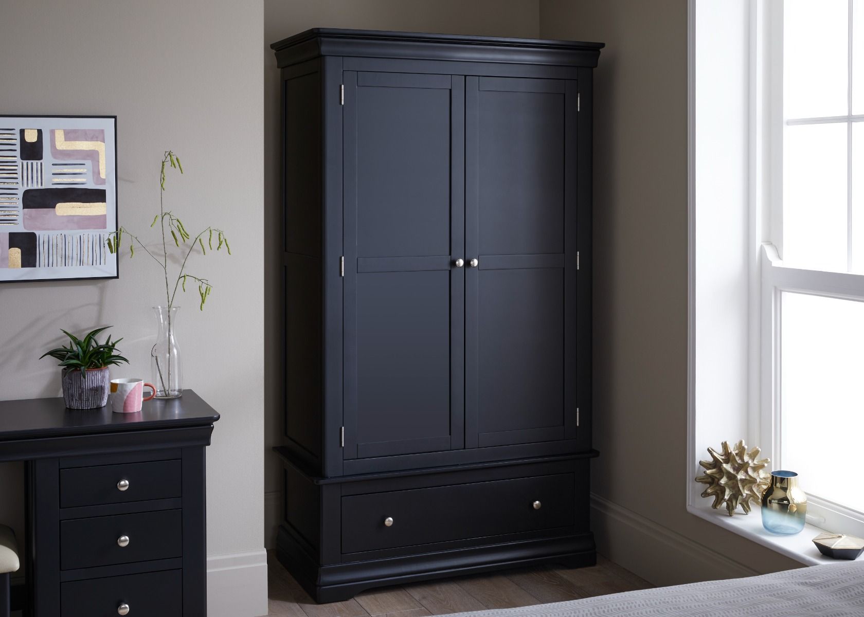 Toulouse Black Painted Double Wardrobe with Drawer Partially Assembled - Spring sale