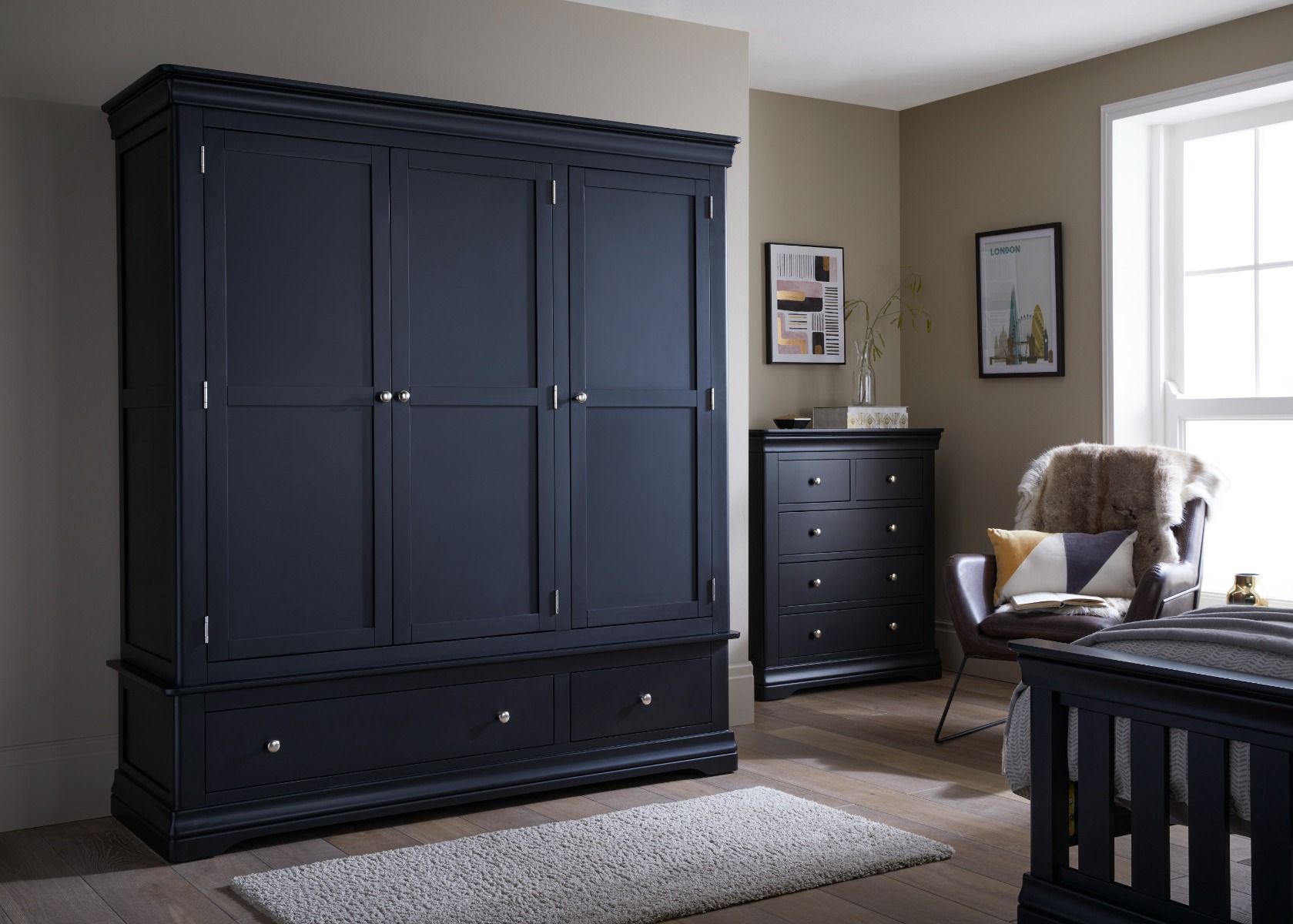 Toulouse Black Painted Large Triple Wardrobe with Drawer - Spring sale