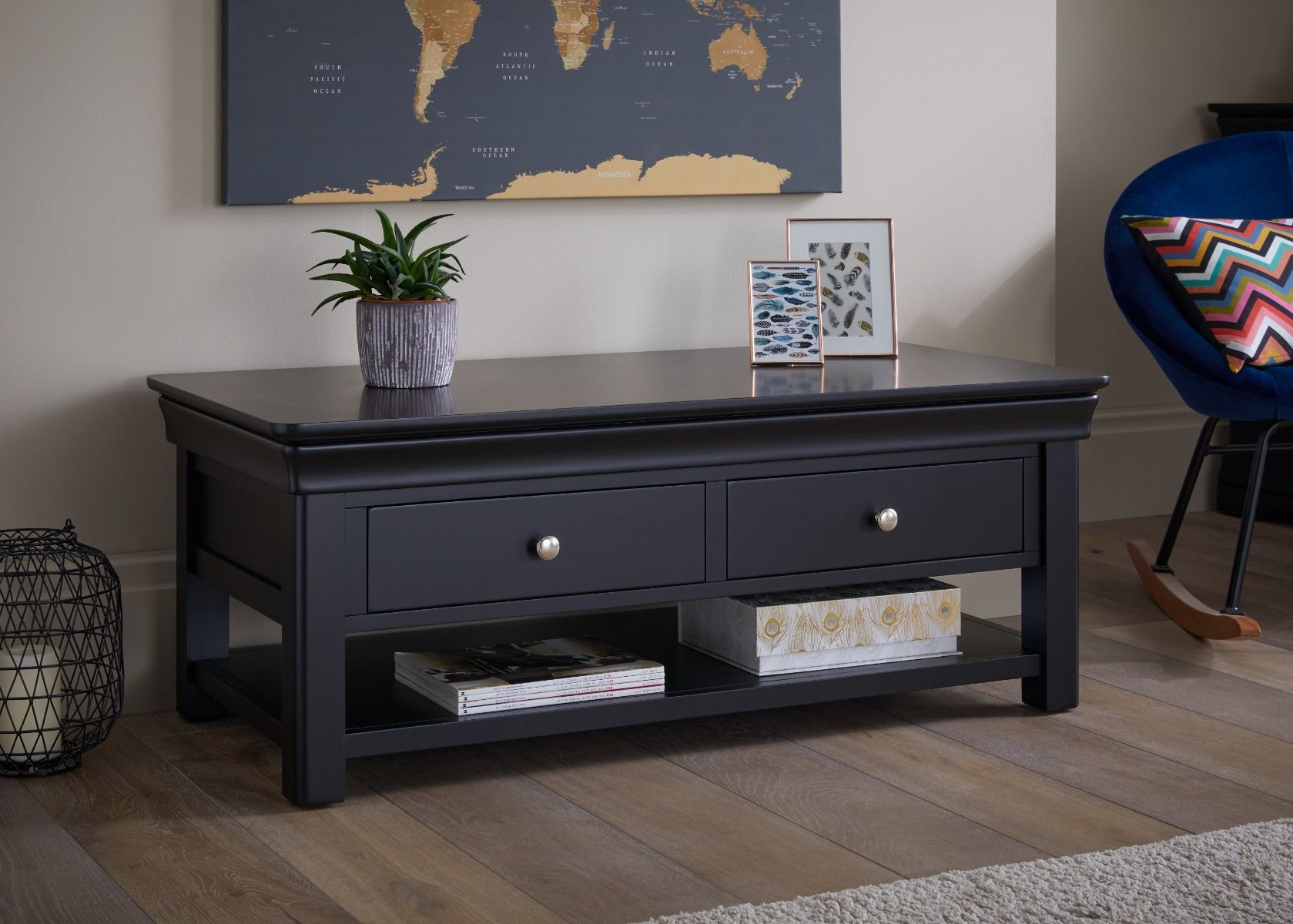 Toulouse Black Painted Large Coffee Table 4 Drawers with Shelf - Spring sale